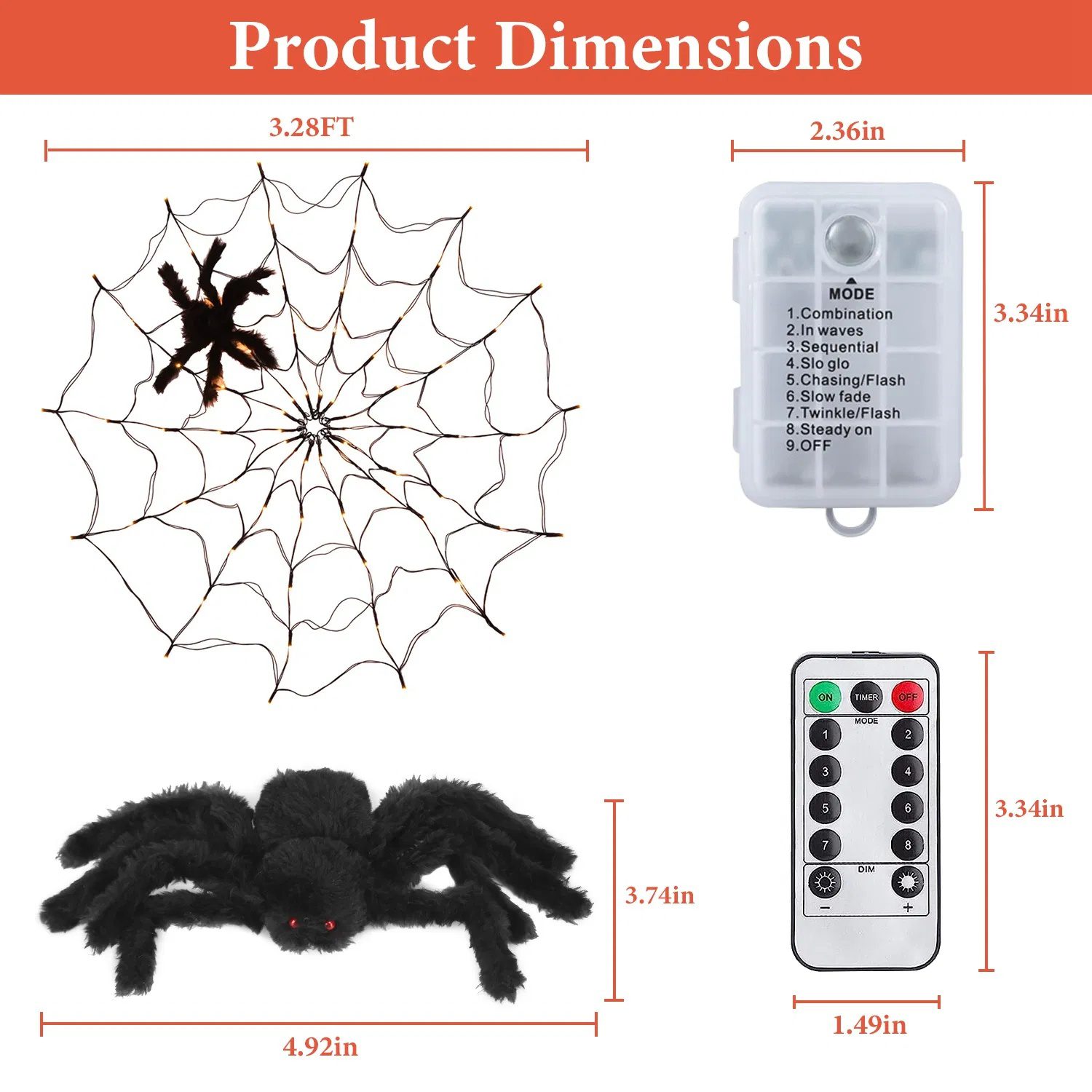 Halloween Spider Web Light - 3.28ft Diameter, 70 LEDs, 8 Modes, 10 Brightness Levels - Battery Powered, IP44 Waterproof with Remote & Timer - Orange/Purple Options - Image 8
