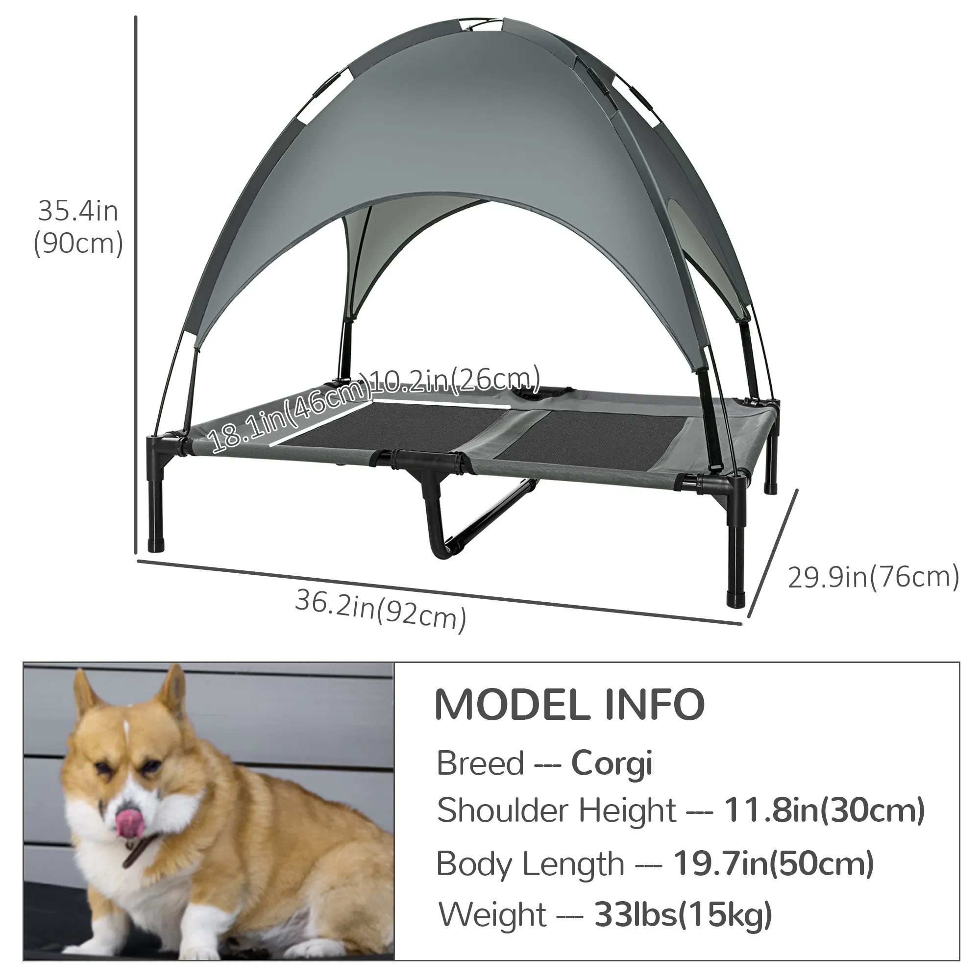 Large Elevated Dog Bed 6.2" L X 29.9" W 36.2" H Foldable Outdoor Cat Dog Canopy Cot w/ Carry Bag Grey - Image 2
