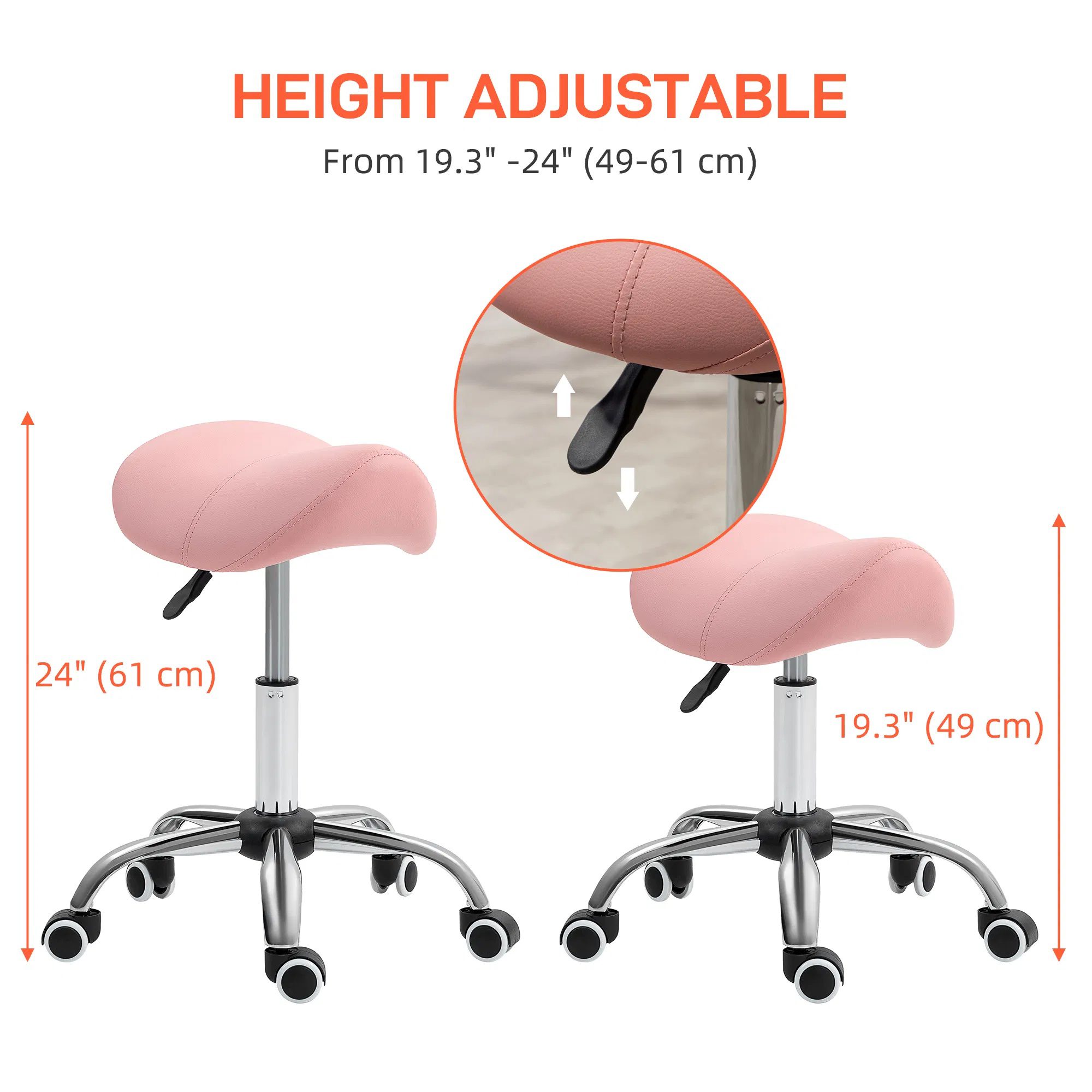 Cosmetic Stool Rotate Height Adjustable Salon Massage Spa Chair Hydraulic Rolling Faux Leather Saddle Stool, Pink - Image 3