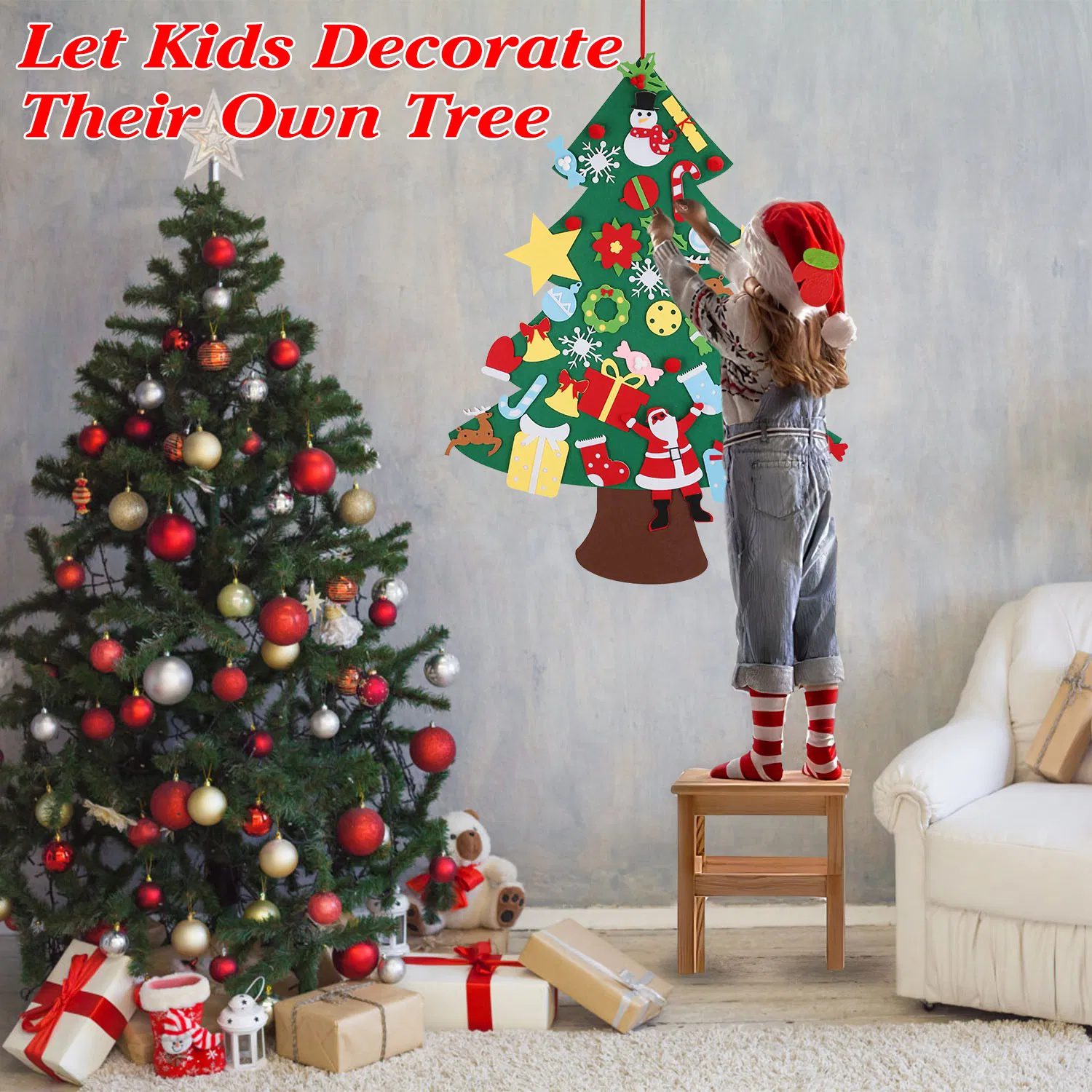 DIY Felt Christmas Tree 41Pcs Detachable Ornaments for Kids Toddler Wall Hanging Christmas Decoration Xmas Gift - Image 5