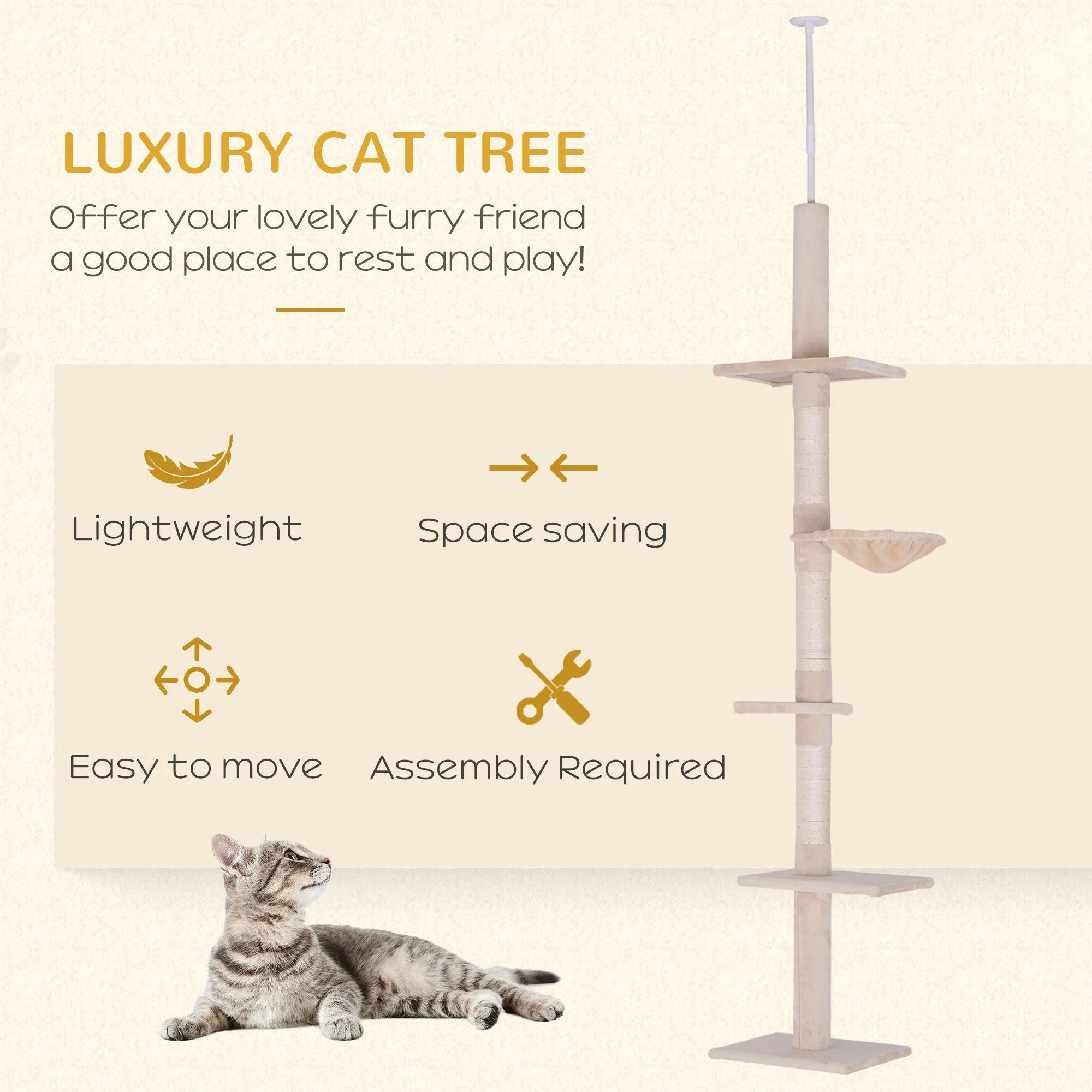 8.5ft Cat Climbing Tree 5-Tier Kitty Activity Center with Scratching Post Beige - Image 3