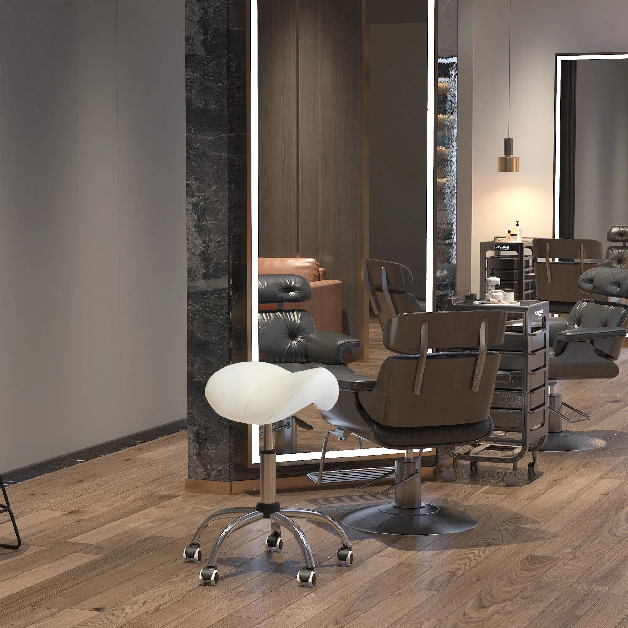 Cream White Rolling Salon Stool: Adjustable Hydraulic Swivel Saddle Chair, PU Leather Spa Beauty Seat - Image 6