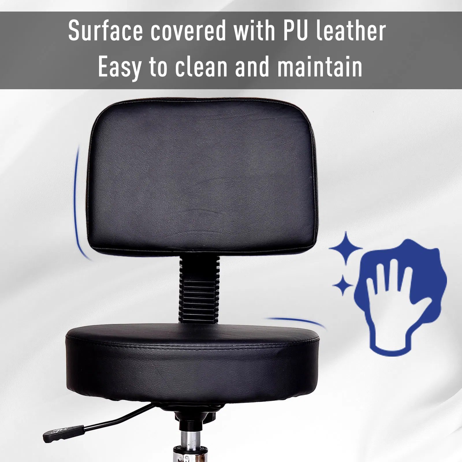 Rolling Stool Comfort: PU Leather Adjustable Swivel Drafting Stool with Back for Salon, Spa, Massage, Black Seating - Image 5