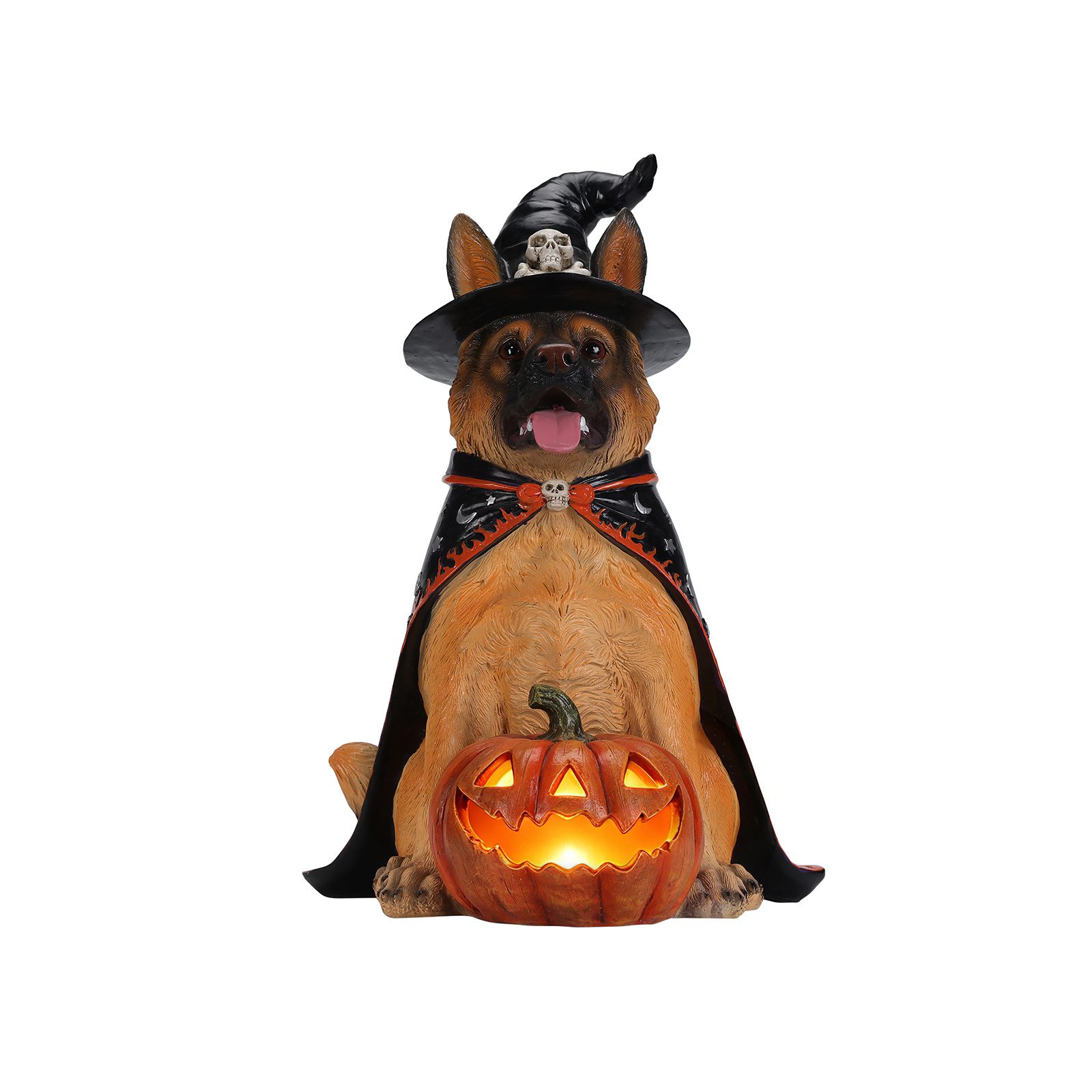 Halloween German Shepherd Dog Statue, Large Sitting Dog Figurine with Witch Hat & Cape, LED Light Up Jack-O-Lantern Pumpkin - Image 5