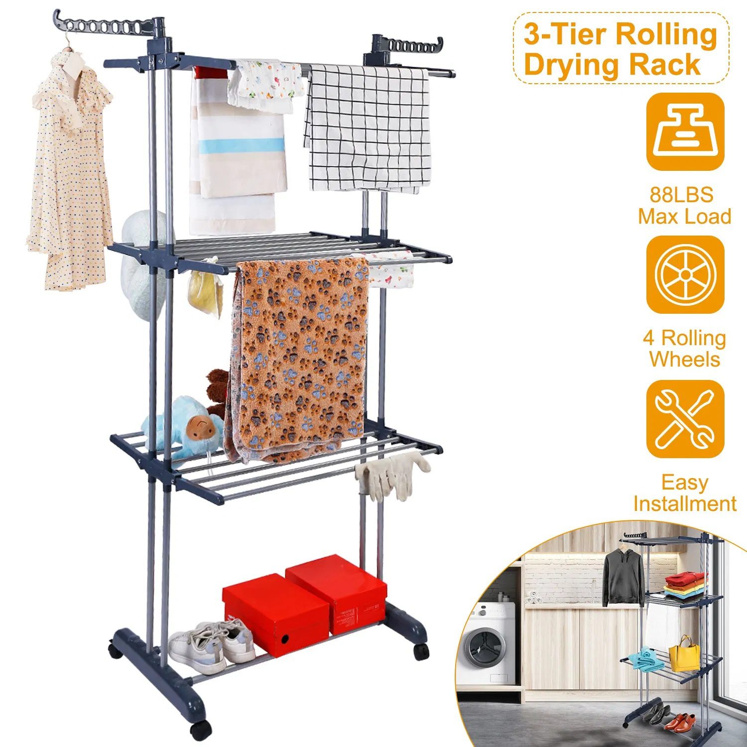 Clothes Drying Rack Rolling Collapsible Laundry Dryer Hanger Stand Rail Shelve Wardrobe Clothing Drying Racks w/ Dual Side Wings - Image 9