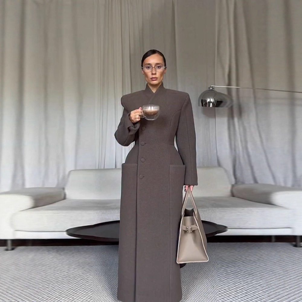 Temperament Shoulder-padded Waist-cinching Long Wool Coat For Women - Image 4