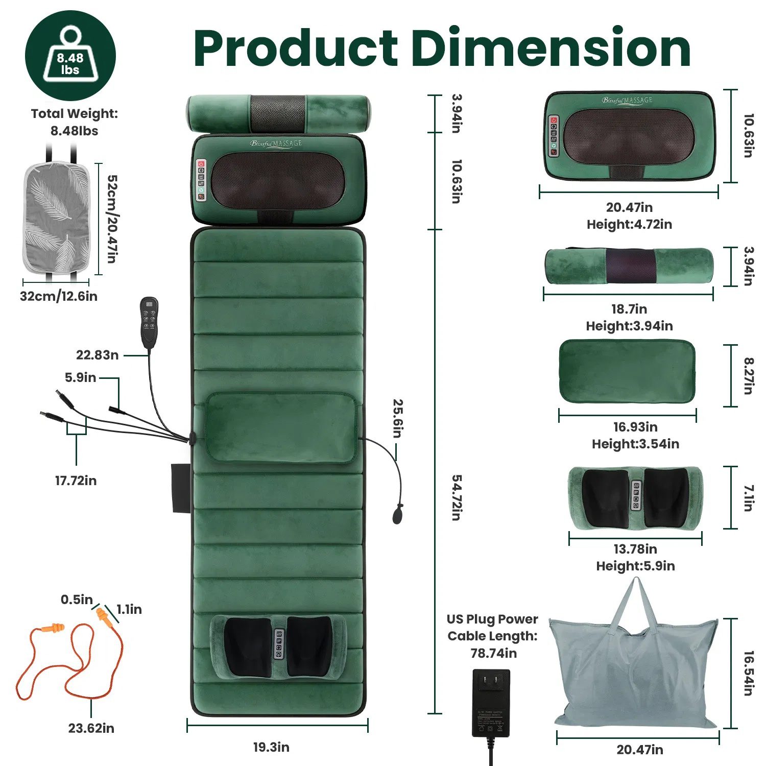 Full Body Massage Pad with Separable Shiatsu Neck & Foot Massagers, Adjustable Inflatable Waist Pillow 3 Heat Levels Custom Vibration Settings Foldable Design with Carry Bag - Image 10