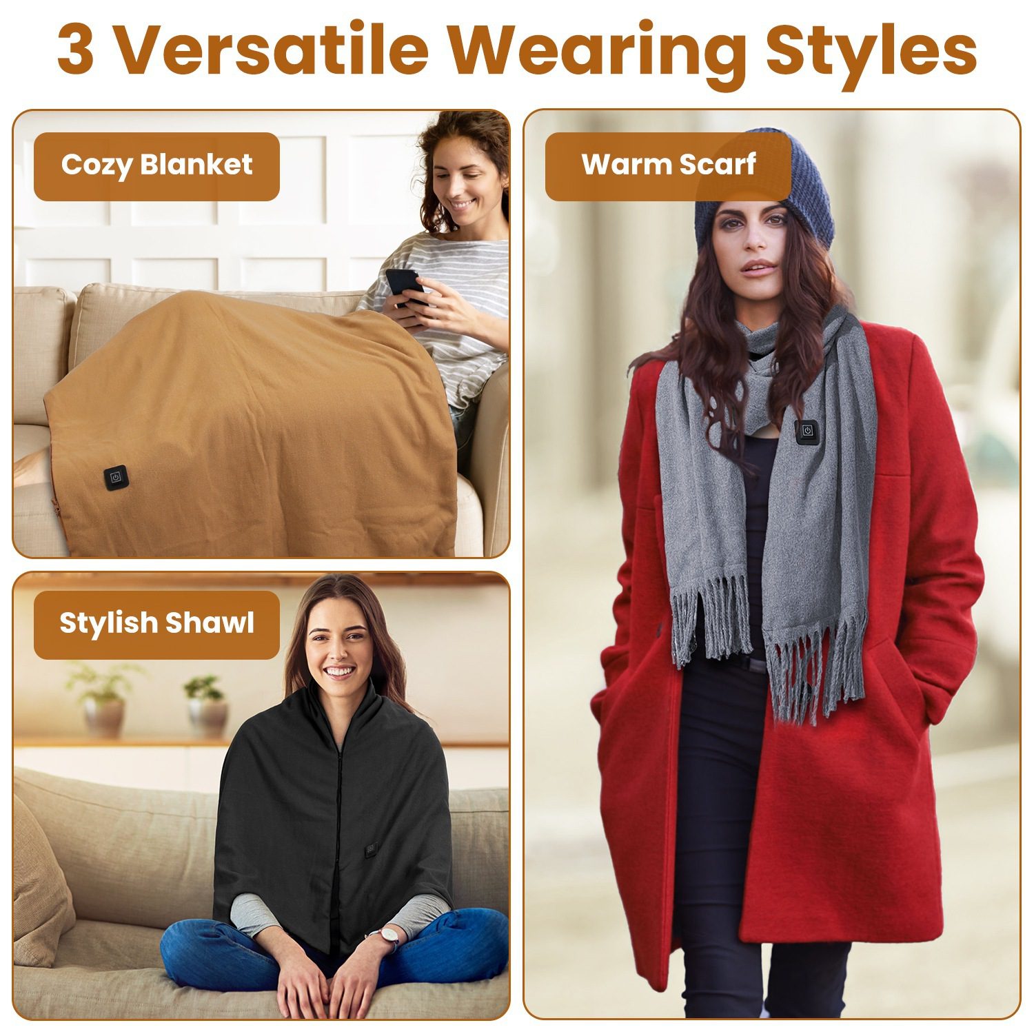 1Pc 79x24In USB Heated Shawl With Teasel Wearable Heating Blanket Electric Throw Wrap Indoor Outdoor With Zipper 3 Heating Levels Machine Washable For Outdoor Home Office - Image 8