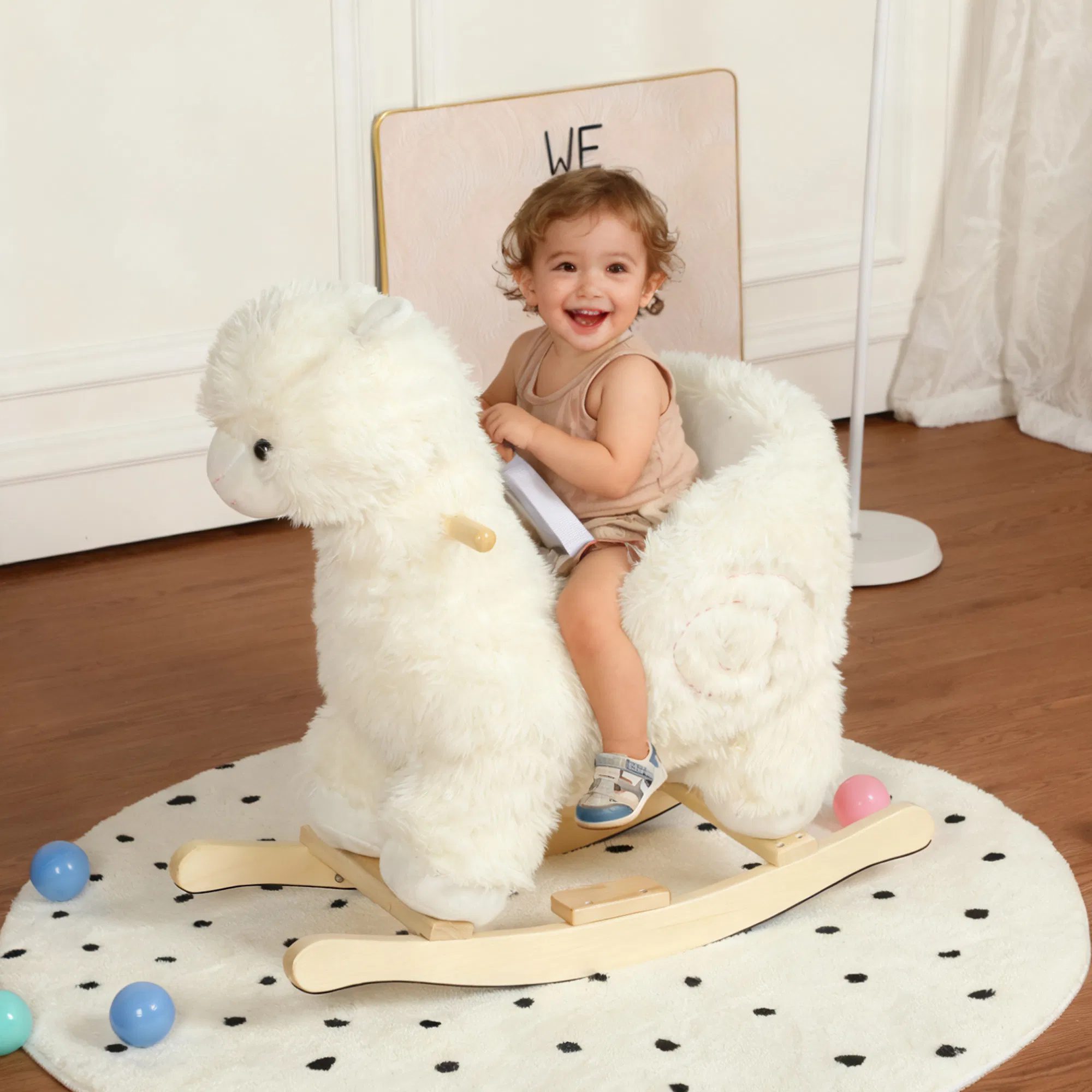 Kids Ride-On Rocking Horse Toy with Lullaby Song,Alpaca Rocking Toy with Hand Puppets and Safety Belt For Children 1-3 Years,Soft Plush Fabric,White - Image 8