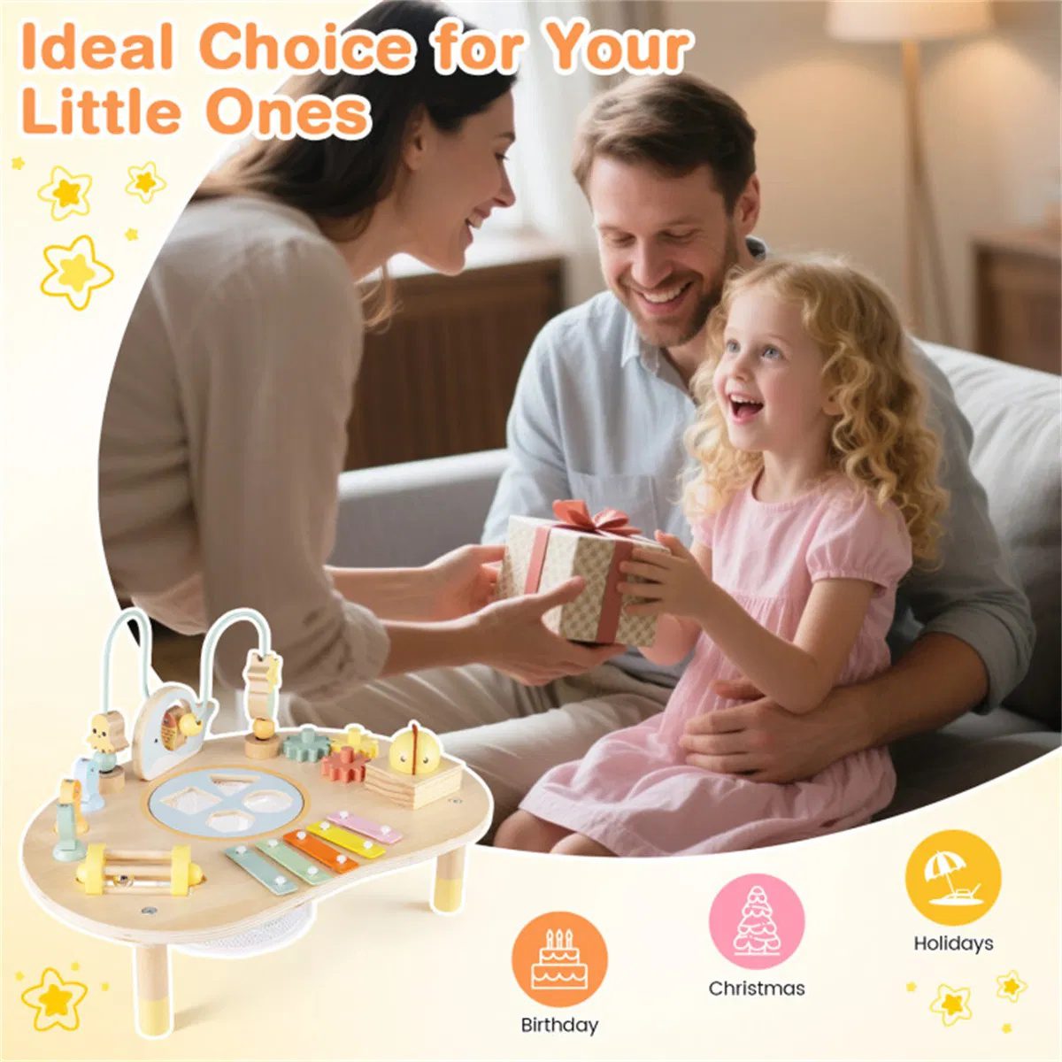 7-in-1 Wooden Baby Activity Table 12M+ Sensory Play Table with Music & Shape Sorting - Image 7