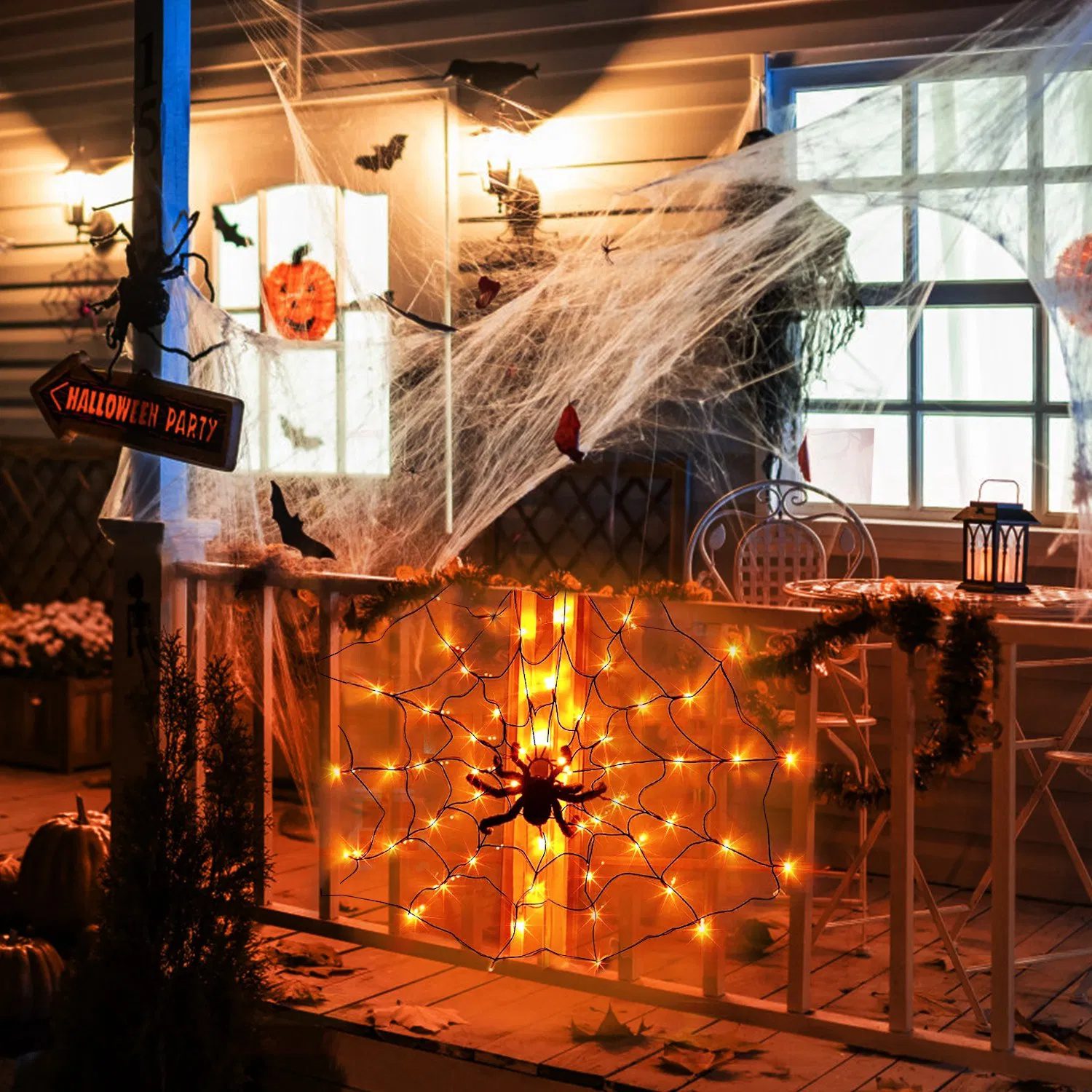 Halloween Spider Web Light - 3.28ft Diameter, 70 LEDs, 8 Modes, 10 Brightness Levels - Battery Powered, IP44 Waterproof with Remote & Timer - Orange/Purple Options - Image 4