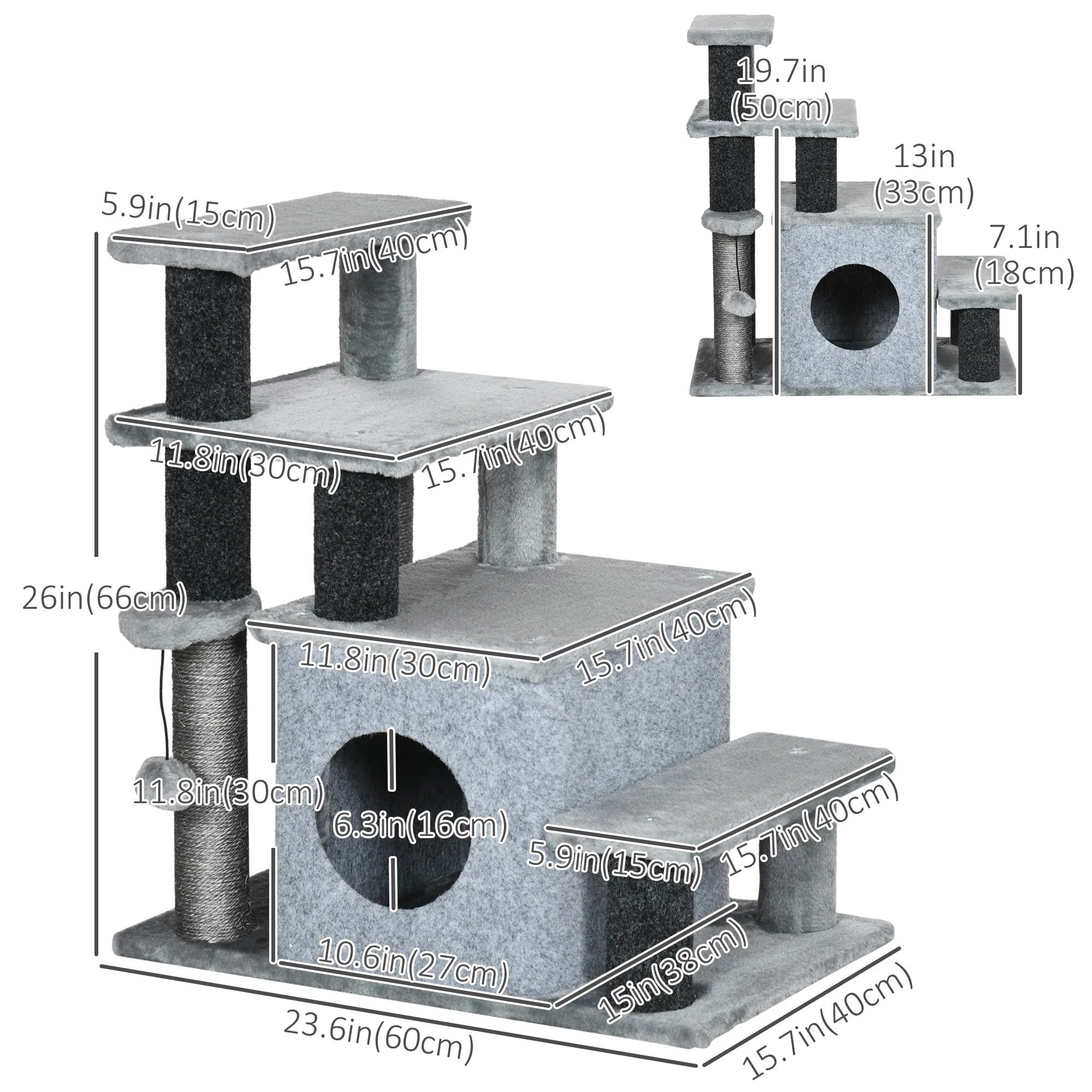Cat Stairs Pet Steps for Couch Bed with Scratching Posts Condo Ball Toy, 23.6" x 15.7" x 26", Grey - Image 2