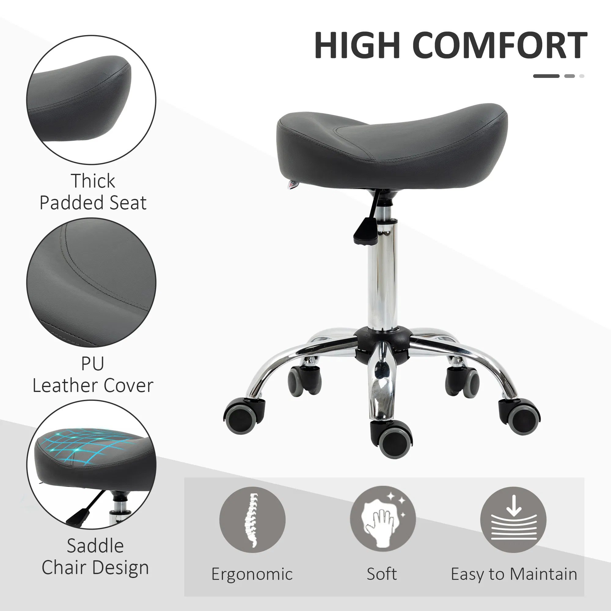 Saddle Stool, Height Adjustable Rolling Salon Chair with PU Leather for Massage, Spa, Clinic, Beauty and Tattoo, Grey - Image 4