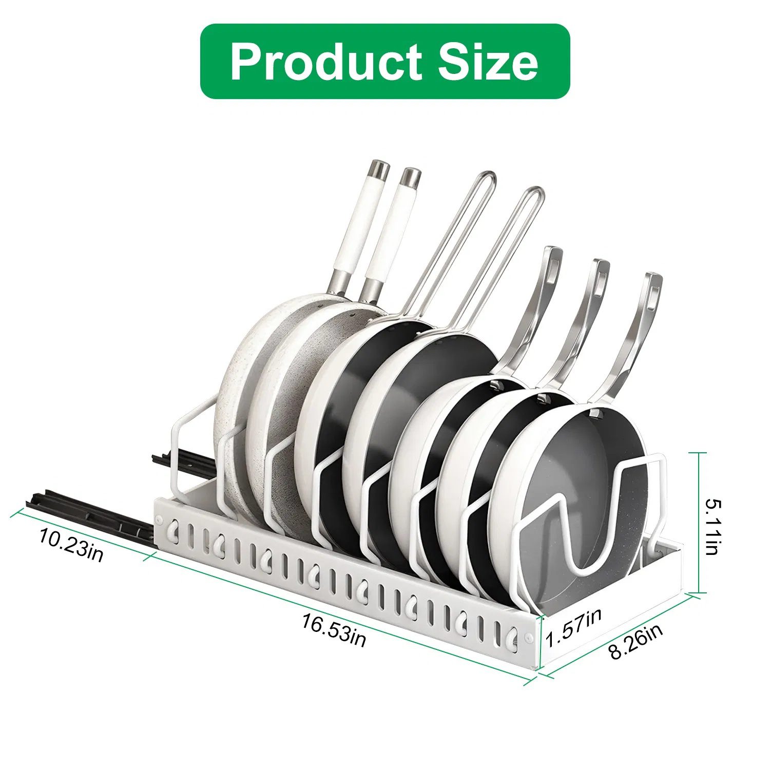 Pull Out Pots and Pans Organizer for Cabinet - 8 Adjustable Dividers, Tool-Free Installation, Damping Rail for Smooth Access, Sturdy Anti-Rust Carbon Steel - Holds Lids, Fry Pans, Bakeware & More - Image 4