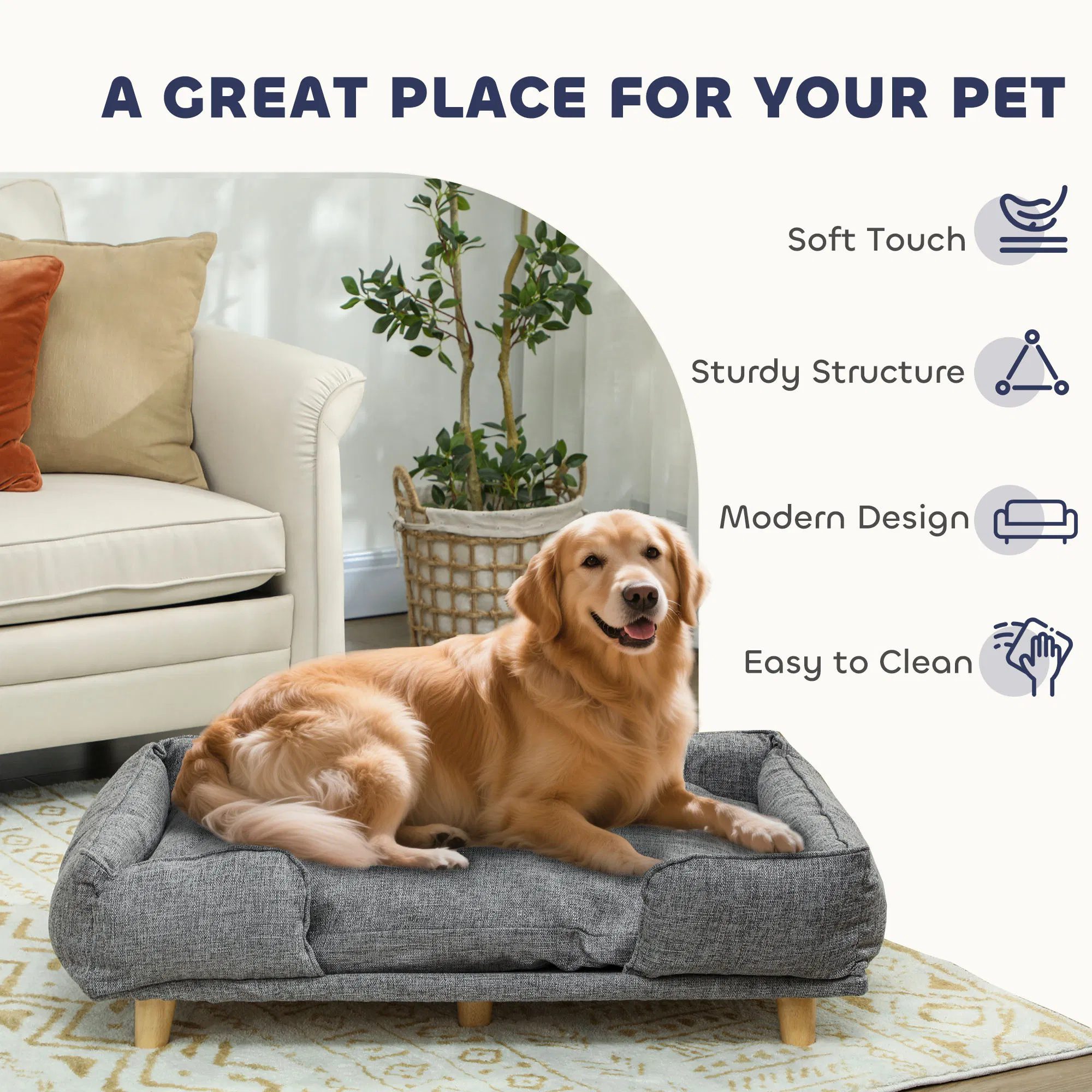 Washable Dog Sofa for Large Dogs, Elevated Pet Couch with Anti-slip Foot Pads, Dark Grey - Image 6