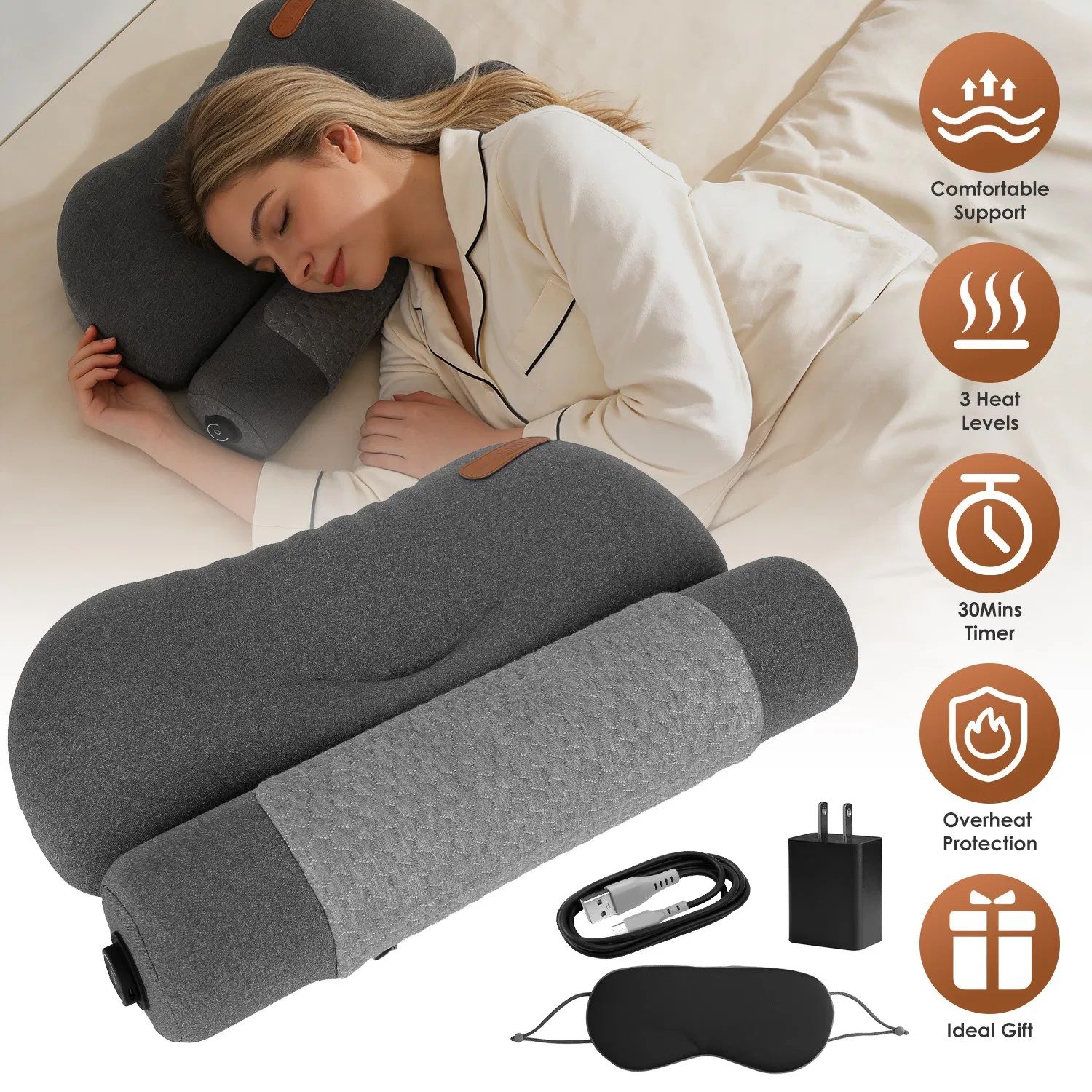 Heated Bed Pillow for Neck Pain, 55D Zero Pressure Memory Foam with 3 Heat Settings,Skin-Friendly Memory Foam Neck Support Pillow with Eye Mask, Perfect Gift for Men Women
