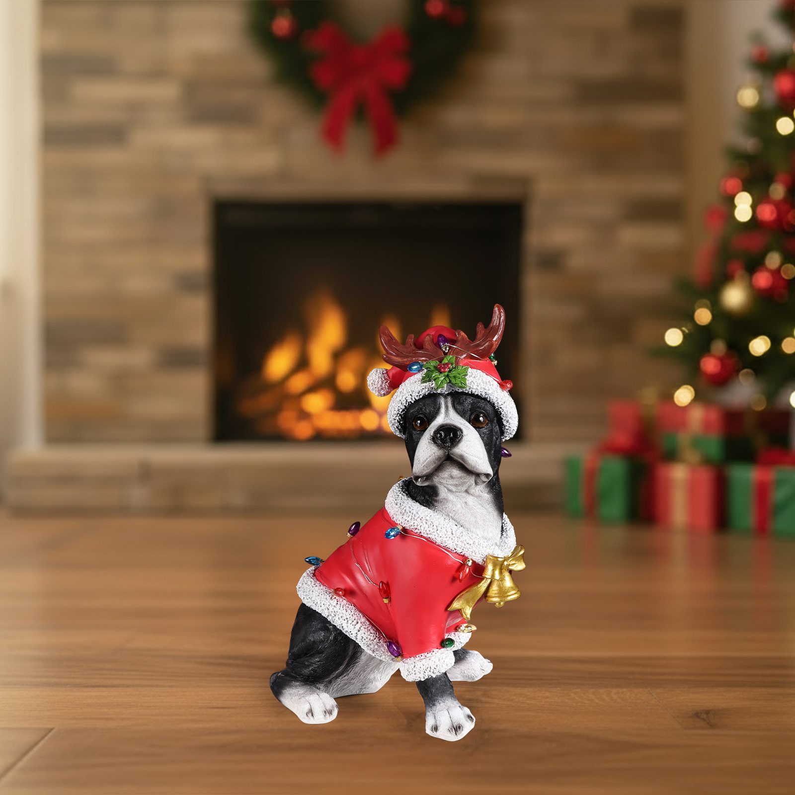Christmas Boston Terrier Statue, Holiday Dog Figurine in Santa Outfit - Image 7