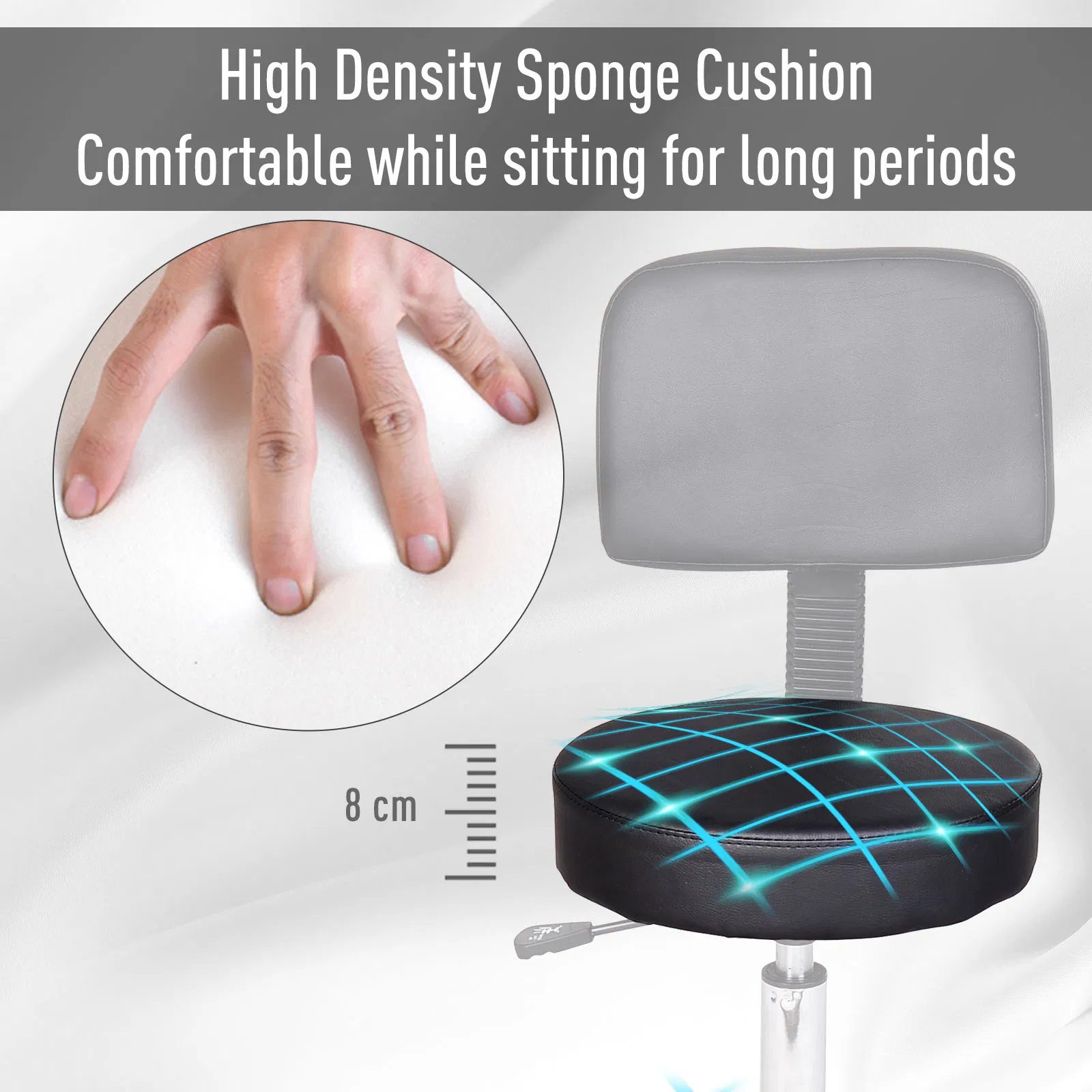 Rolling Stool Comfort: PU Leather Adjustable Swivel Drafting Stool with Back for Salon, Spa, Massage, Black Seating - Image 4