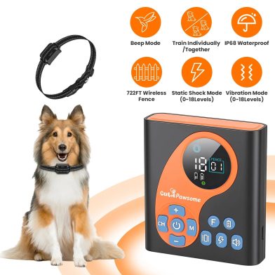 2 In 1 Wireless Dog Fence System with 1/2 Training Collars(Options) Invisible Dog Fence IP68 Waterproof with 722FT Adjustable Range Beep Vibration Static Shock