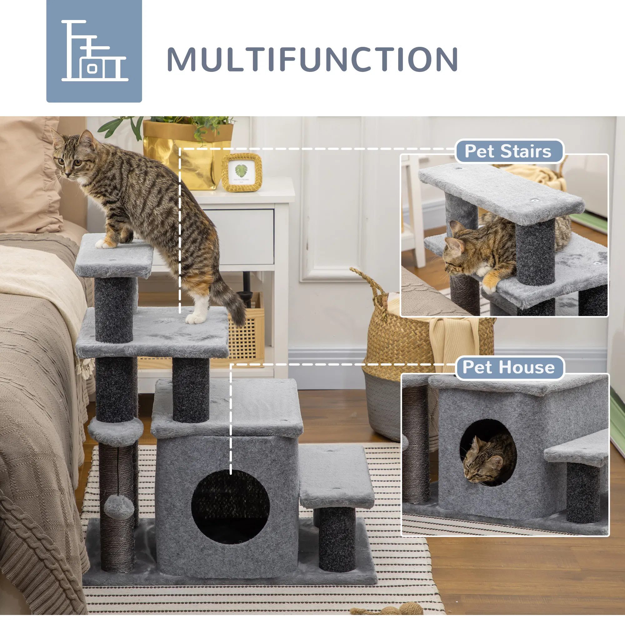 Cat Stairs Pet Steps for Couch Bed with Scratching Posts Condo Ball Toy, 23.6" x 15.7" x 26", Grey - Image 4