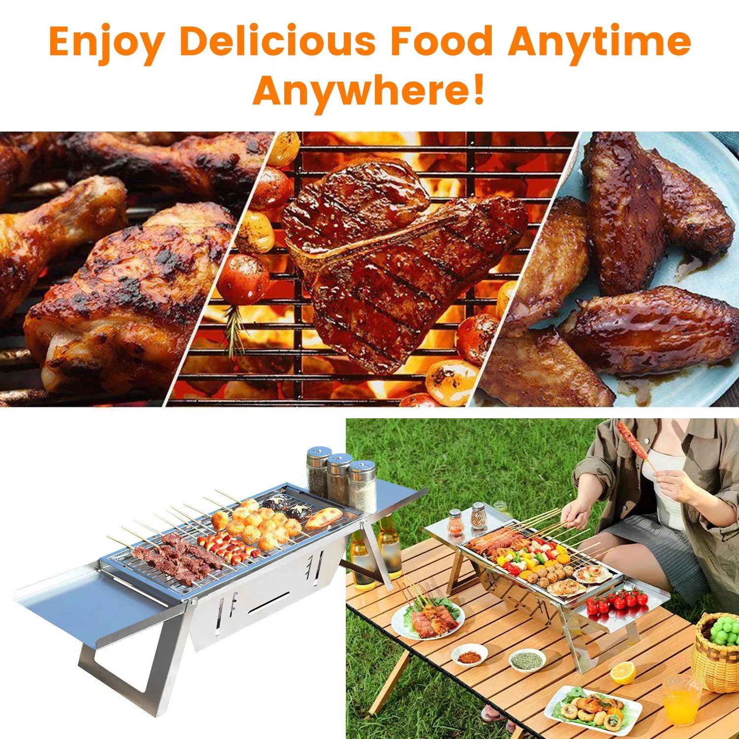 Foldable Charcoal BBQ Grill Stainless Steel Grill Net Easy Setup Portable Tabletop Barbecue Grill for Camping Picnic Outdoor Party Backyard - Image 2