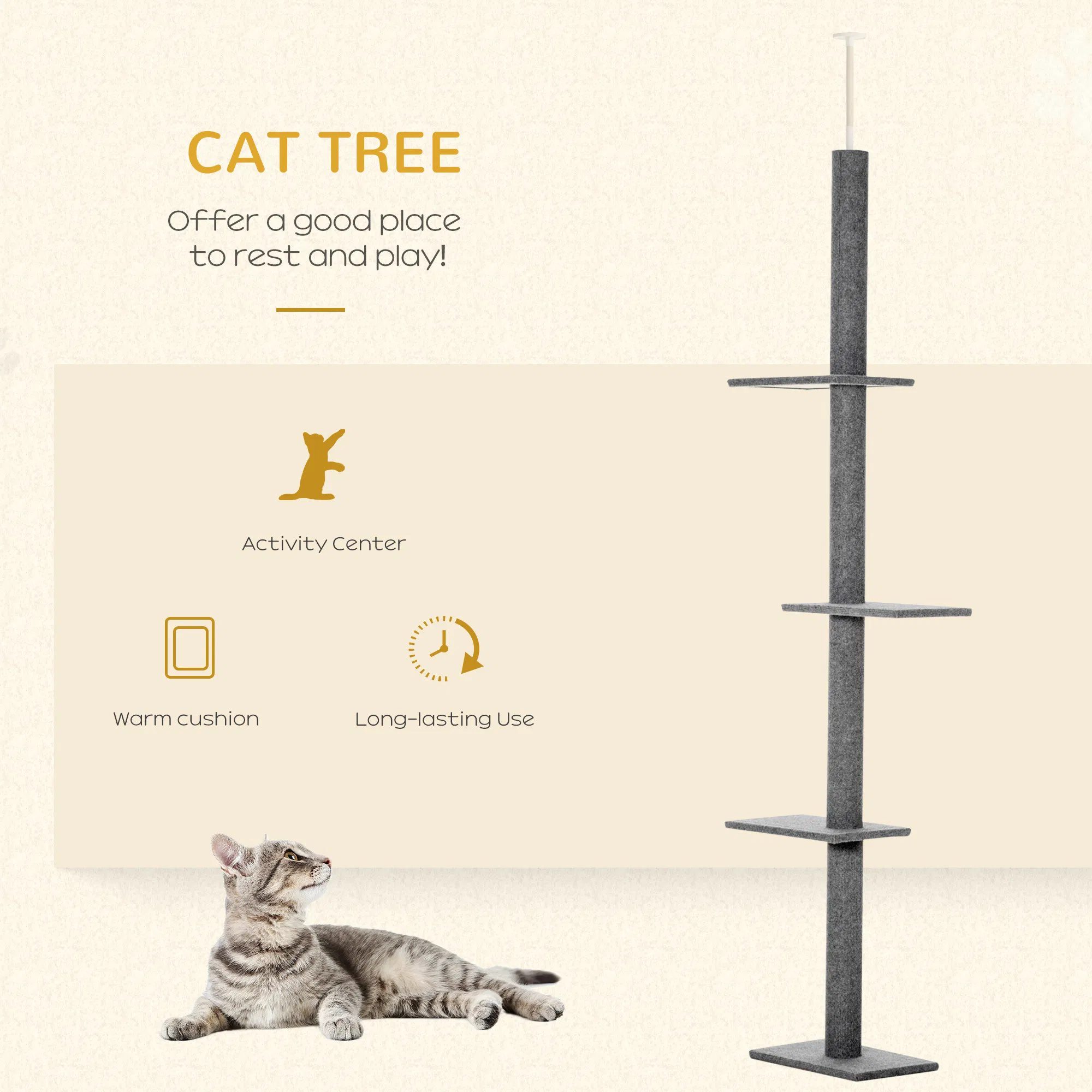 100" Floor To Ceiling Cat Tree w/ 3 Perches Activity Center for Kittens Cat Tower Furniture, Grey - Image 3