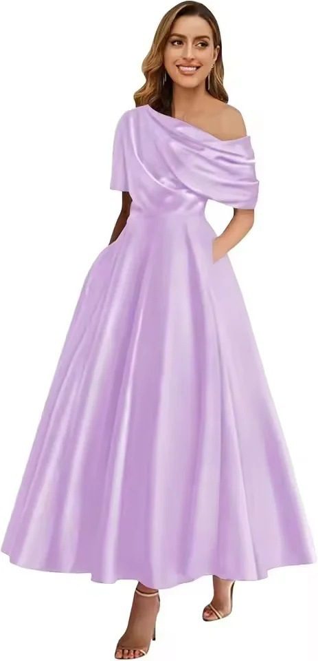 New Elegant And Sophisticated Satin Off-Shoulder Solid Color Dress - Image 7