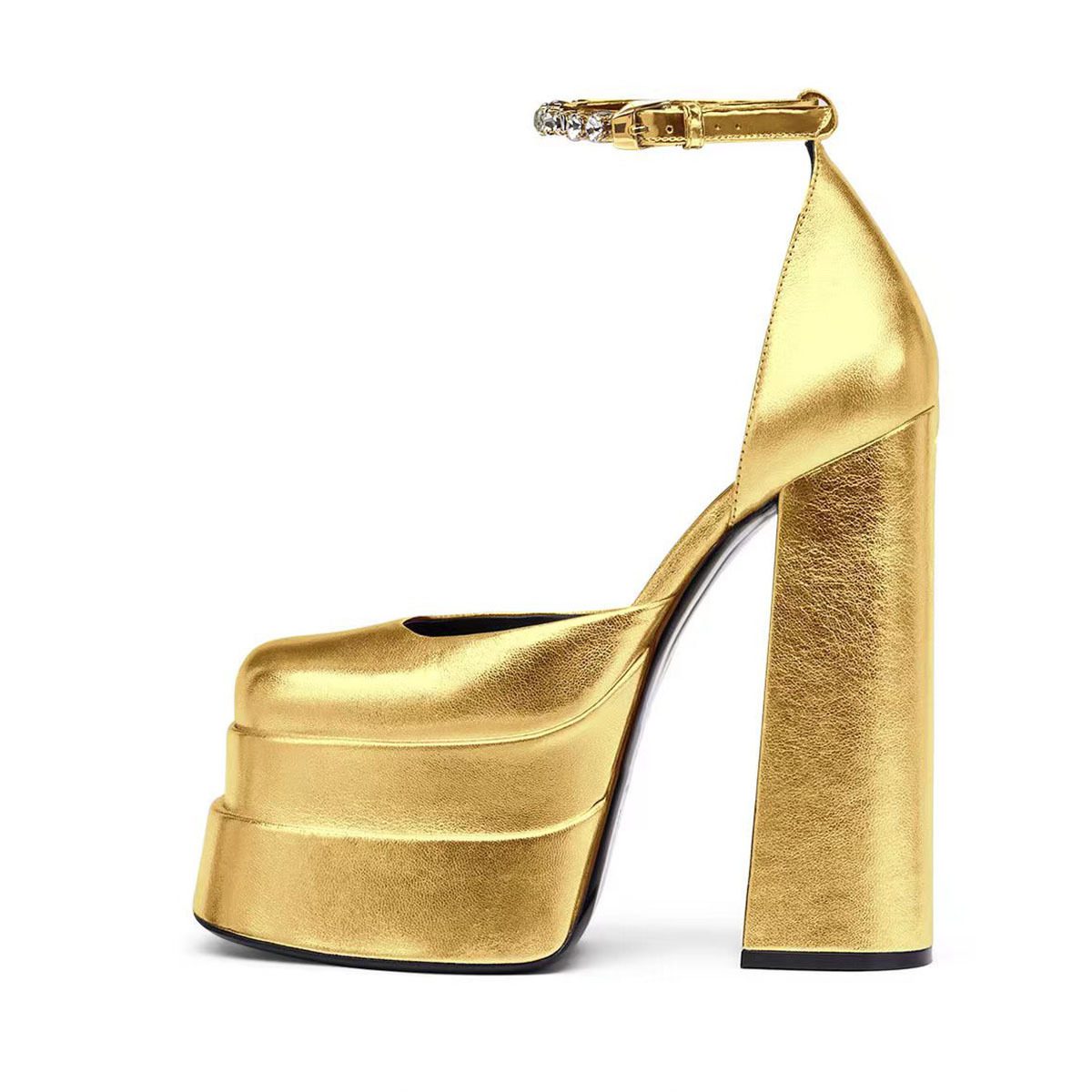 Golden Square Head Hollow Waterproof Platform Buckled Chunky Heel Super High Heel - Image 7