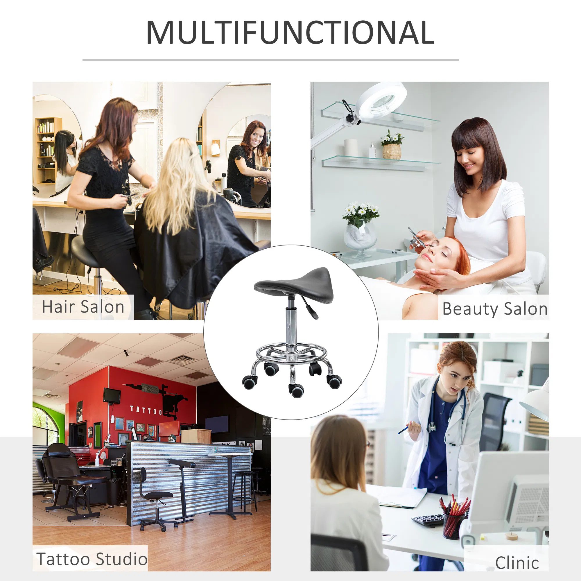 Saddle Stool PU Leather Adjustable Rolling Salon Chair Black for Massage Spa Clinic Beauty Tattoo - Image 6