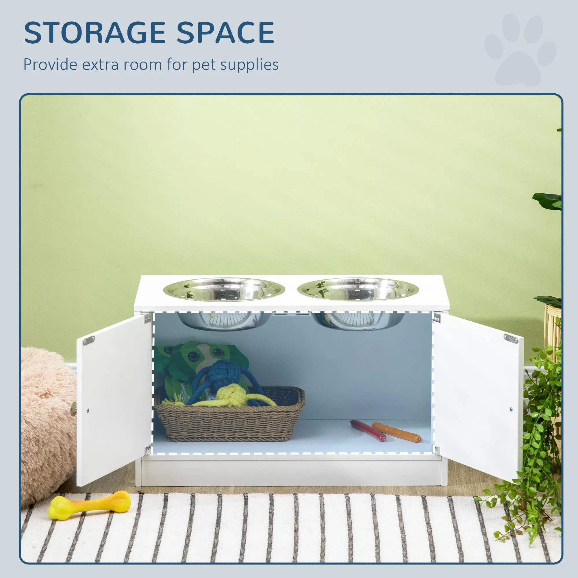 Elevated Dog Bowls for Large Dogs Pet Feeding Station with Stand, Storage, 2 Stainless Steel Food and Water Bowls, White, 23.6" x 11.8" x 14" - Image 4