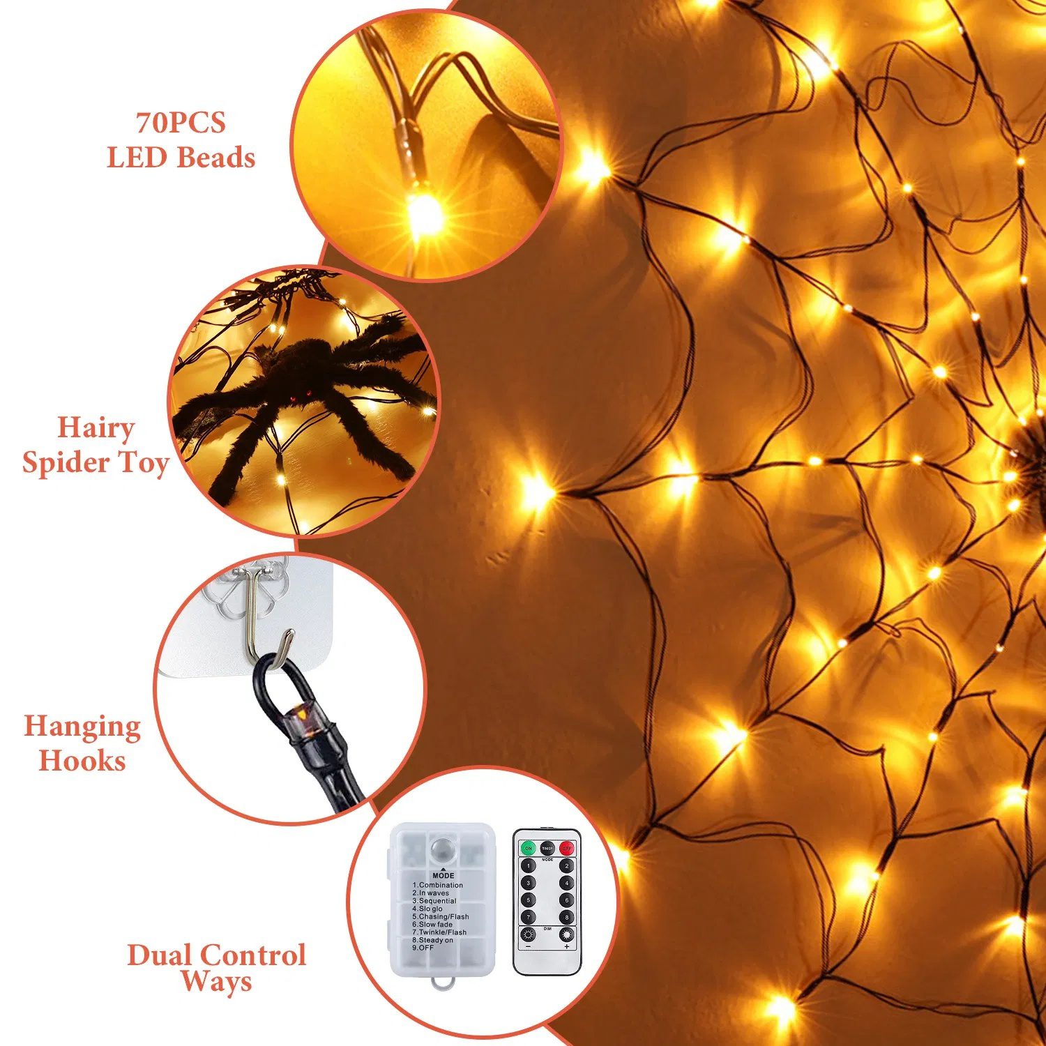 Halloween Spider Web Light - 3.28ft Diameter, 70 LEDs, 8 Modes, 10 Brightness Levels - Battery Powered, IP44 Waterproof with Remote & Timer - Orange/Purple Options - Image 6