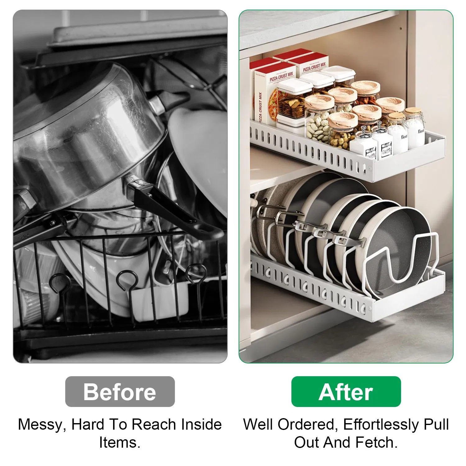 Pull Out Pots and Pans Organizer for Cabinet - 8 Adjustable Dividers, Tool-Free Installation, Damping Rail for Smooth Access, Sturdy Anti-Rust Carbon Steel - Holds Lids, Fry Pans, Bakeware & More - Image 6