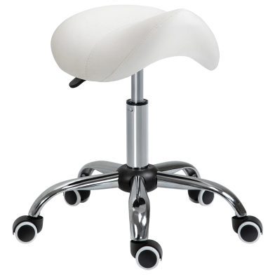 Cream White Rolling Salon Stool: Adjustable Hydraulic Swivel Saddle Chair, PU Leather Spa Beauty Seat