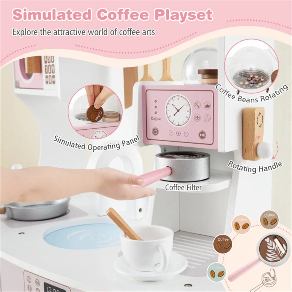 Pink Kids Coffee Kitchen Playset with Microwave Oven Stove for 3+ Years Old - Image 3