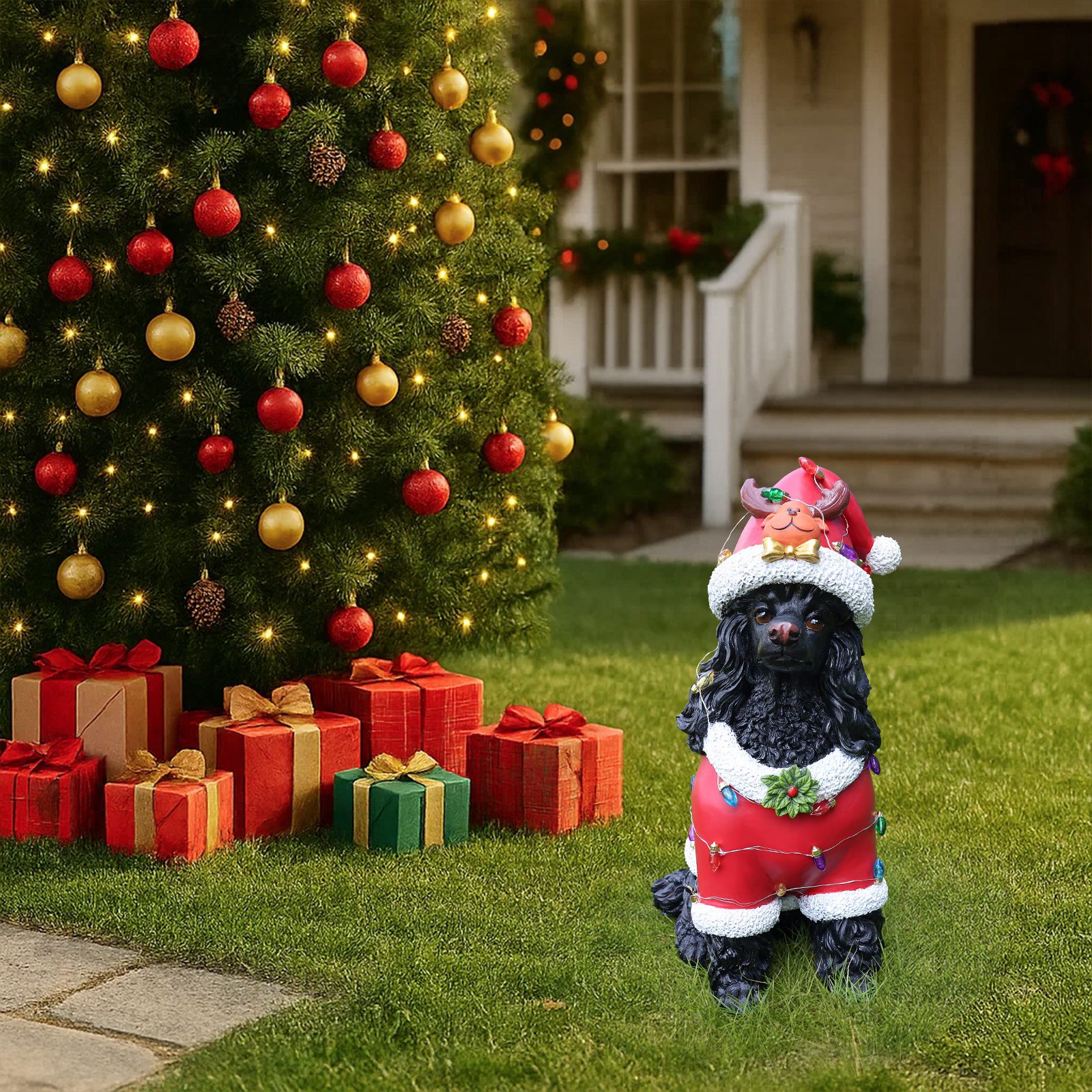 Christmas Black Poodle Statue, Holiday Dog Figurine in Red Santa Outfit - Image 10