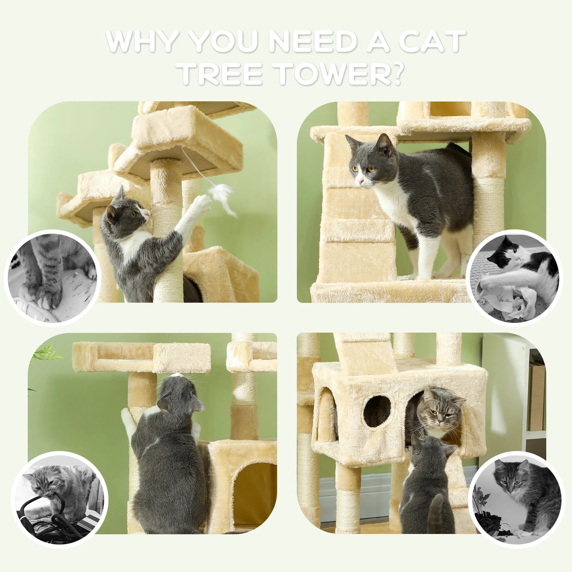68-inch Multi-Level Cat Scratching Tree Kitty Activity Center Post Tower Condo Pet Furniture w/ Toy Beige - Image 6