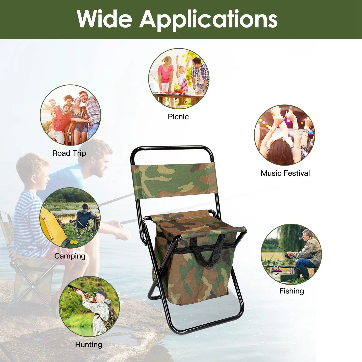 Collapsible Fishing Chair with Built-in Insulated Cooler Bag, Portable Oxford Outdoor Chair with Backrest, 200lbs Weight Capacity for Camping Concert BBQ Adventures - Image 8