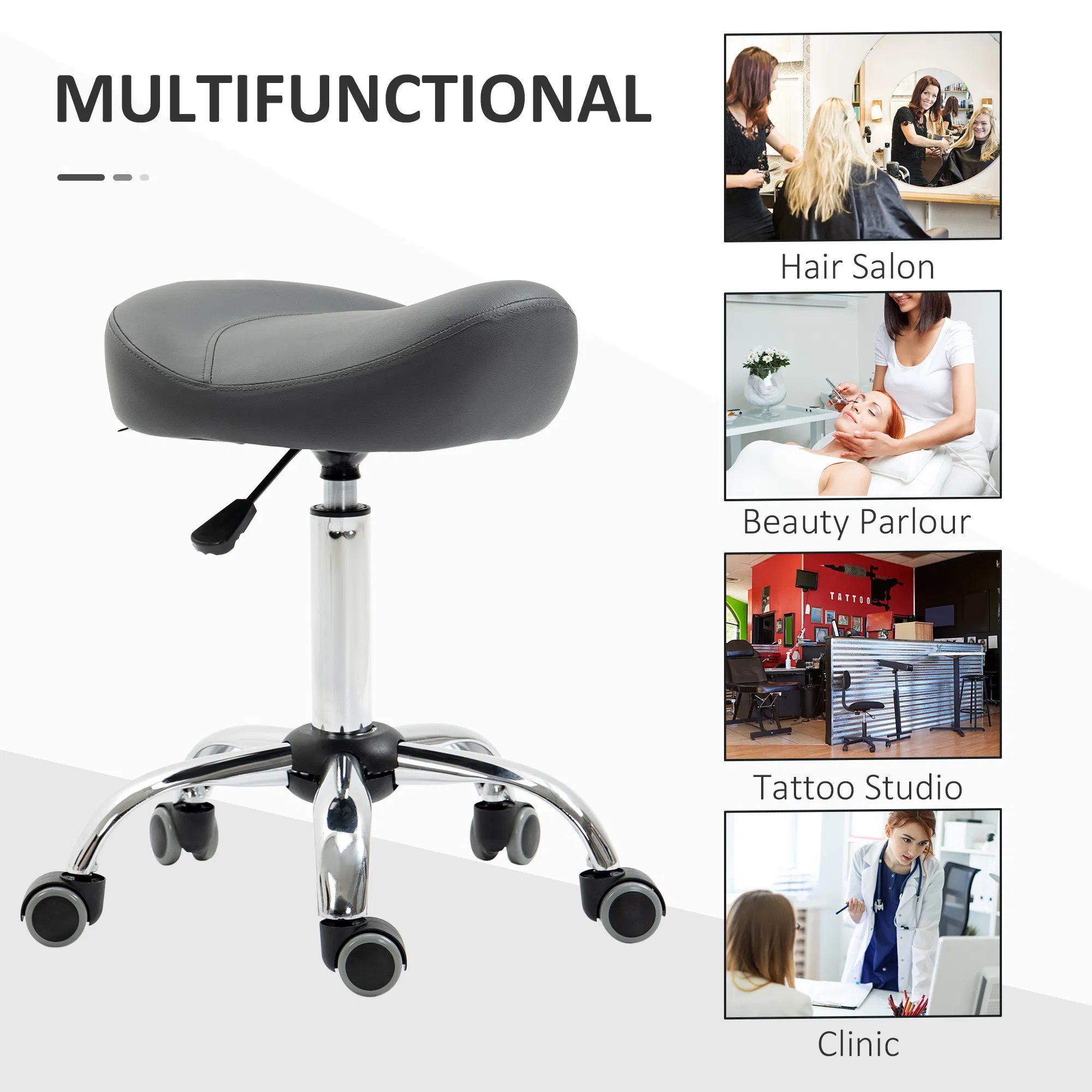Saddle Stool, Height Adjustable Rolling Salon Chair with PU Leather for Massage, Spa, Clinic, Beauty and Tattoo, Grey - Image 6