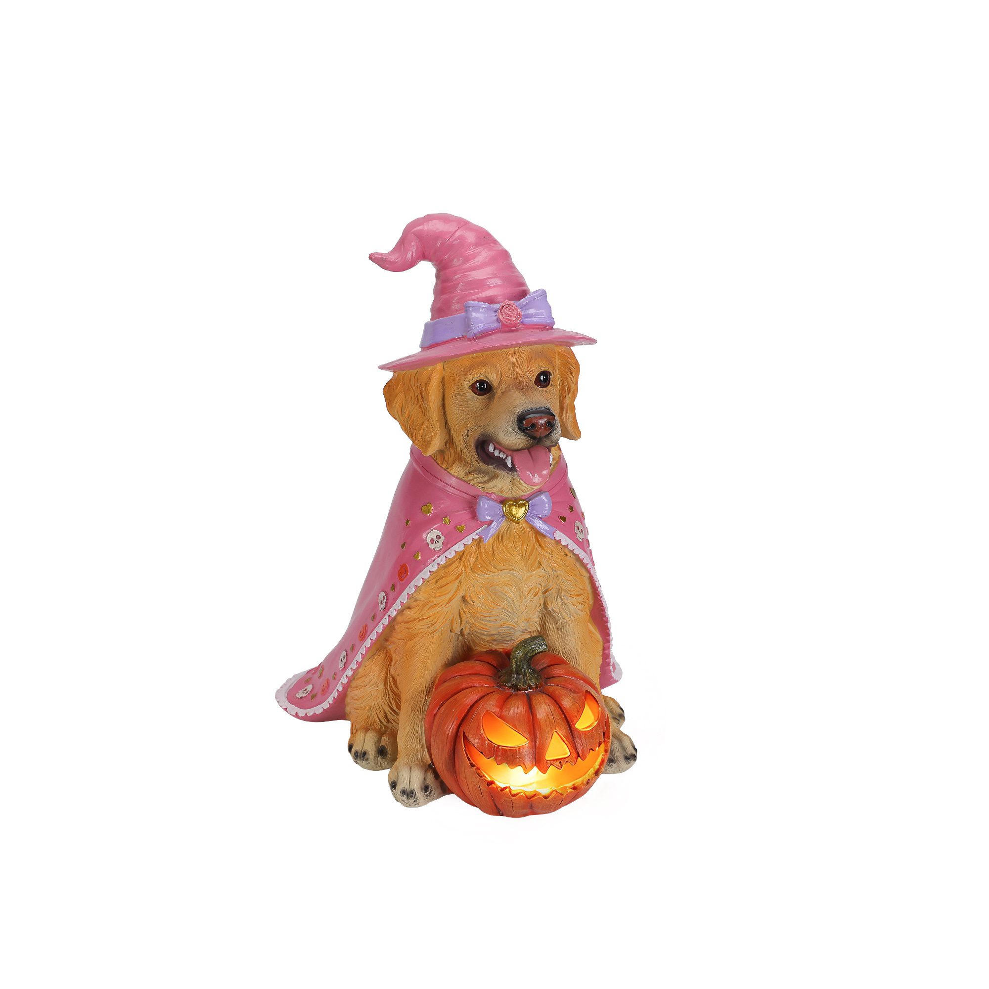 Halloween Golden Retriever Dog Statue, Large Sitting Dog Figurine with Pink Witch Hat & Cape, LED Light Up Jack-O-Lantern Pumpkin - Image 9