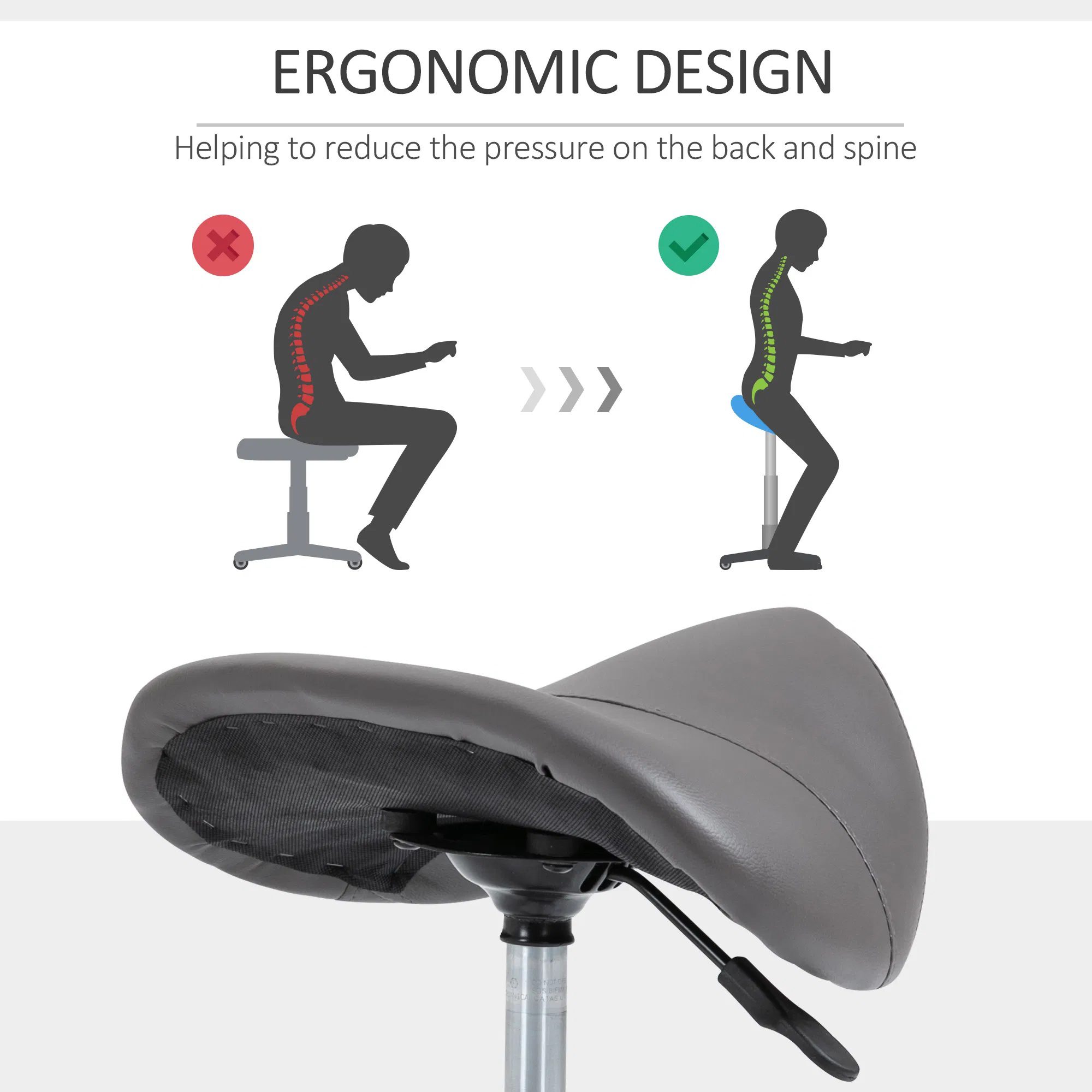 Saddle Stool Adjustable Hydraulic Rolling Beauty Salon Stool Ergonomic PU Leather Stool Round Grey - Image 6