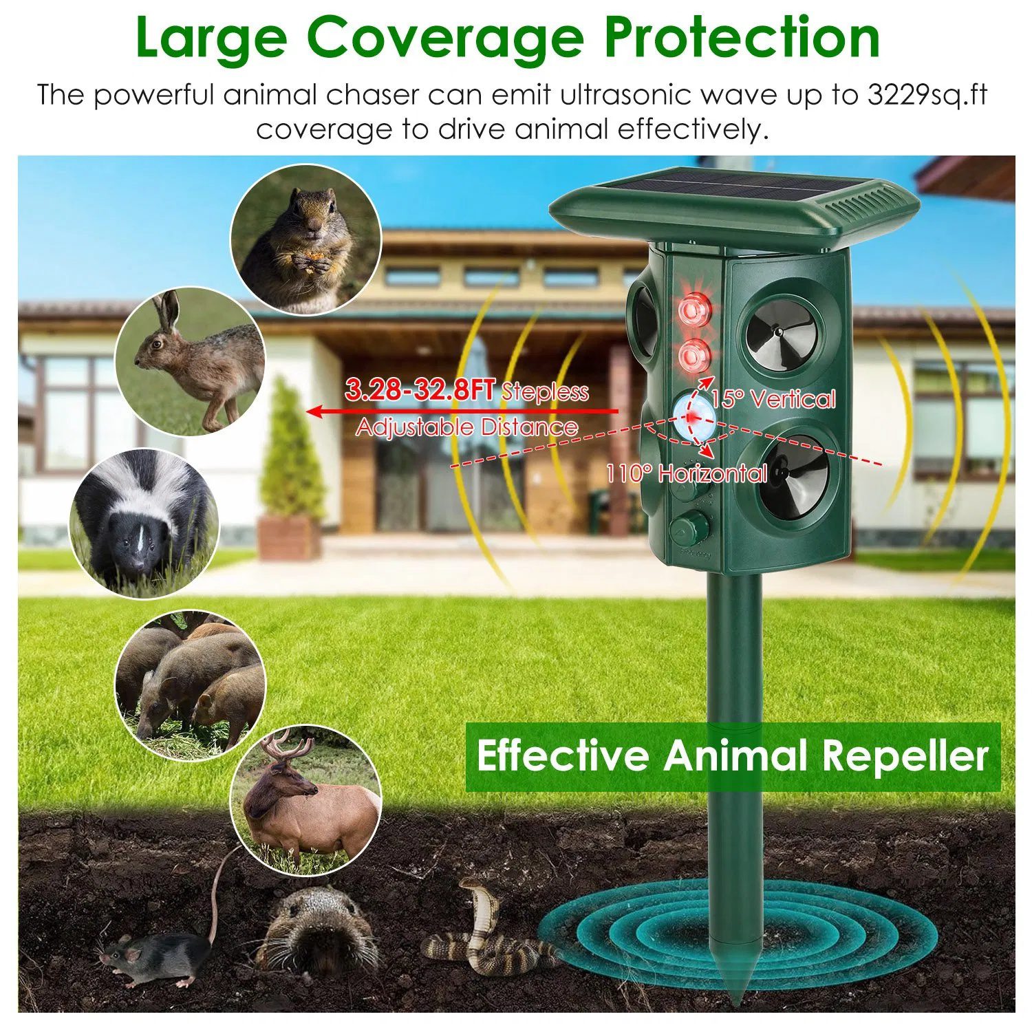 Solar Ultrasonic Animal Repeller Solar Powered Animal Repellent Chaser with PIR Motion Sensor IP54 Waterproof Sound Flashing Light for Deer Raccoon Squirrel Mice Snakes Cat Dog - Image 4