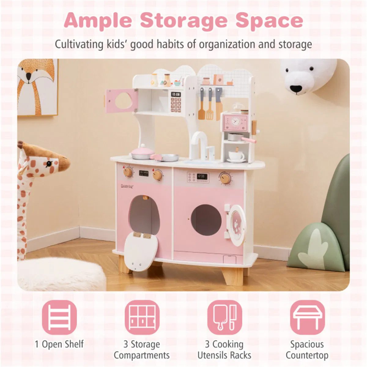 Pink Kids Coffee Kitchen Playset with Microwave Oven Stove for 3+ Years Old - Image 7