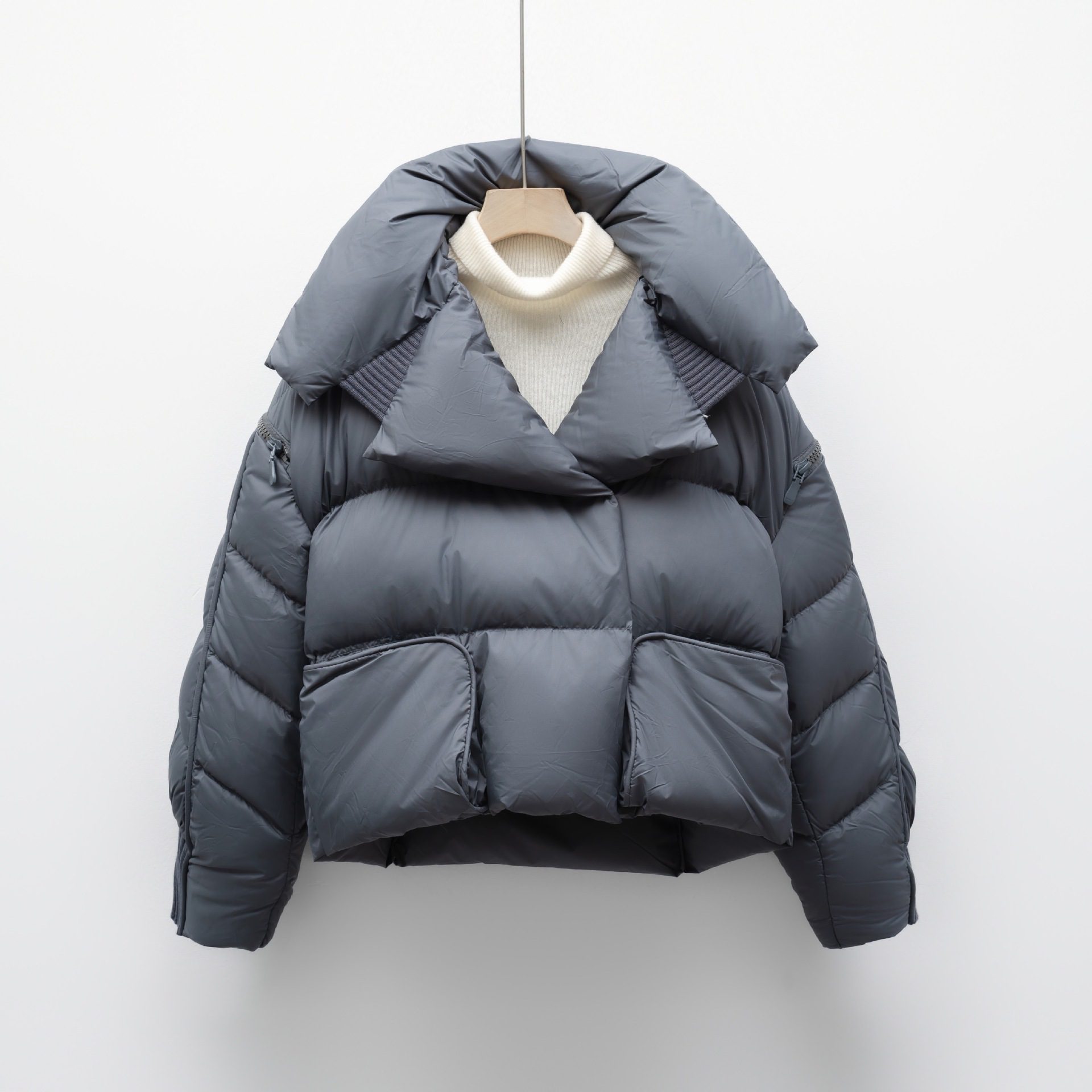 Korean-style Knitted Patchwork Large Lapel Short Down Jacket For Women - Image 2