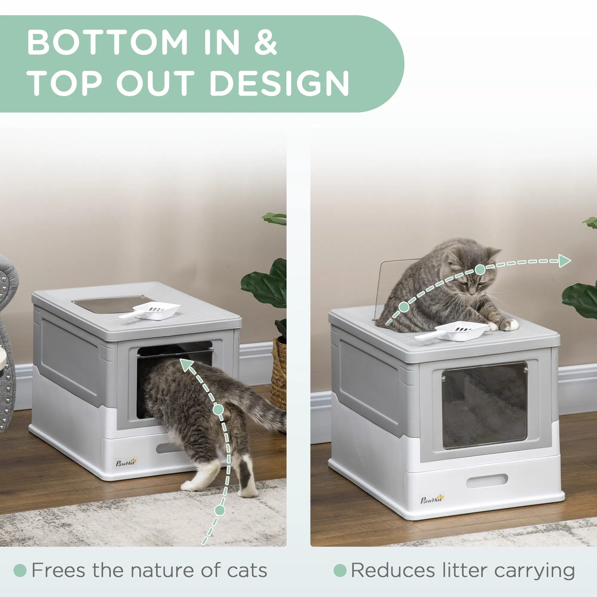 Top Entry Enclosed Kitty Litter Box with Scoop, Tray, Front Entry, Large Space, Foldable, Portable, Grey - Image 5