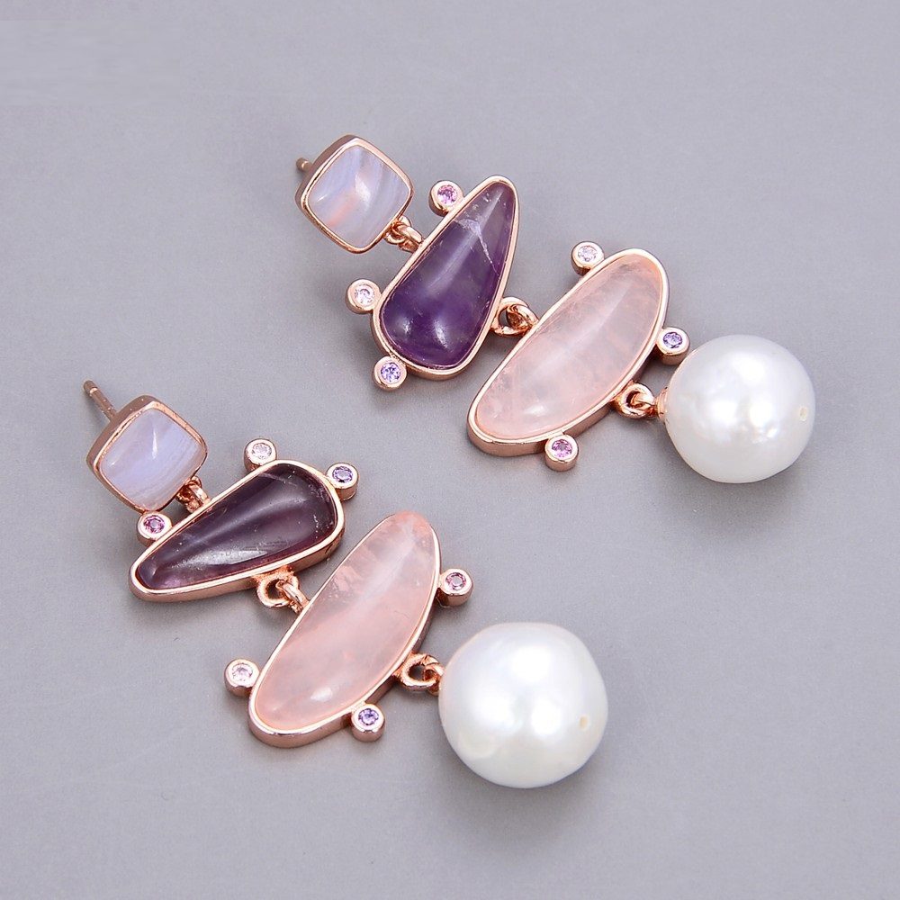 Women's Small Pendant Earrings White Pearl Blue Chalcedony Rose Quartz Amethyst - Image 2