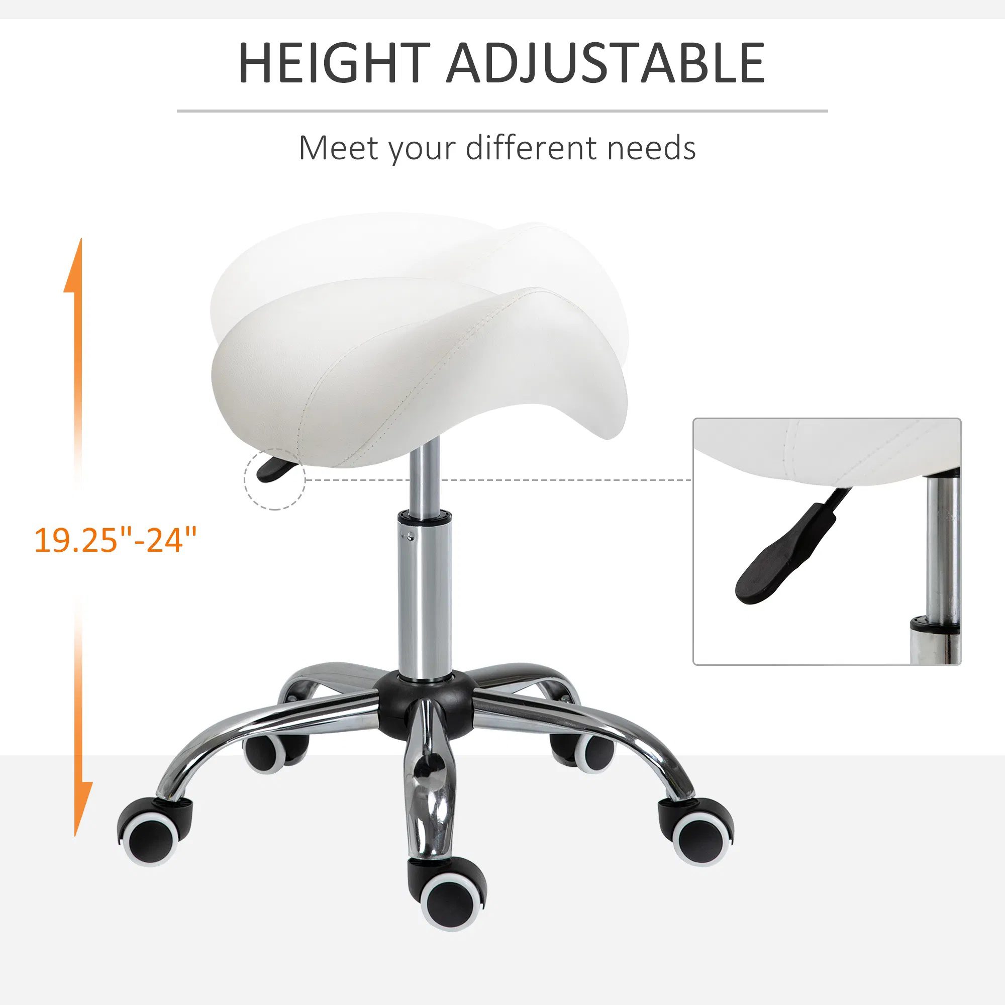 Cream White Rolling Salon Stool: Adjustable Hydraulic Swivel Saddle Chair, PU Leather Spa Beauty Seat - Image 3