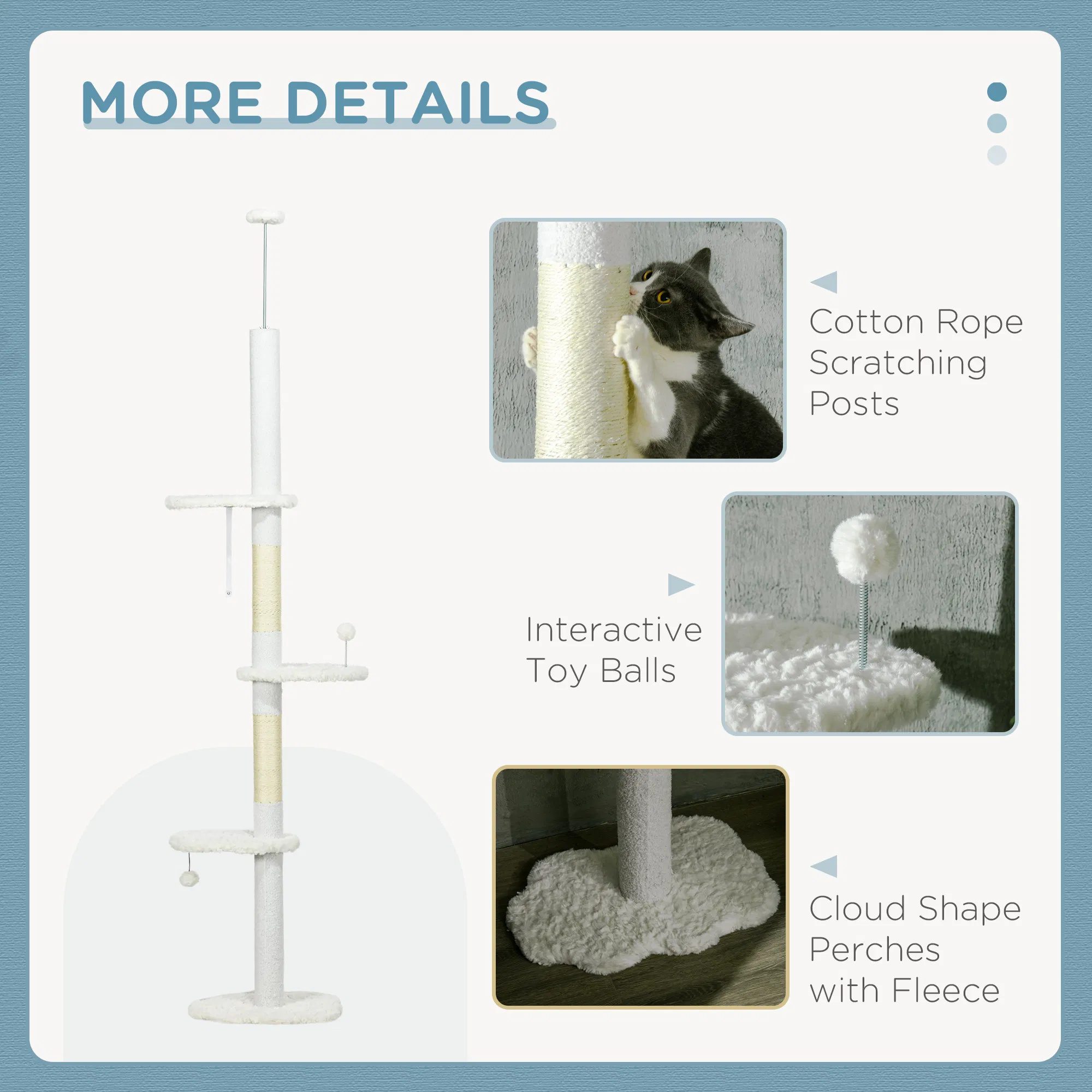 88.5"-100.5" Floor to Ceiling Cat Tree, Cat Tower with Scratching Posts, Cloud Shaped Platforms, Dangling Balls, White - Image 5