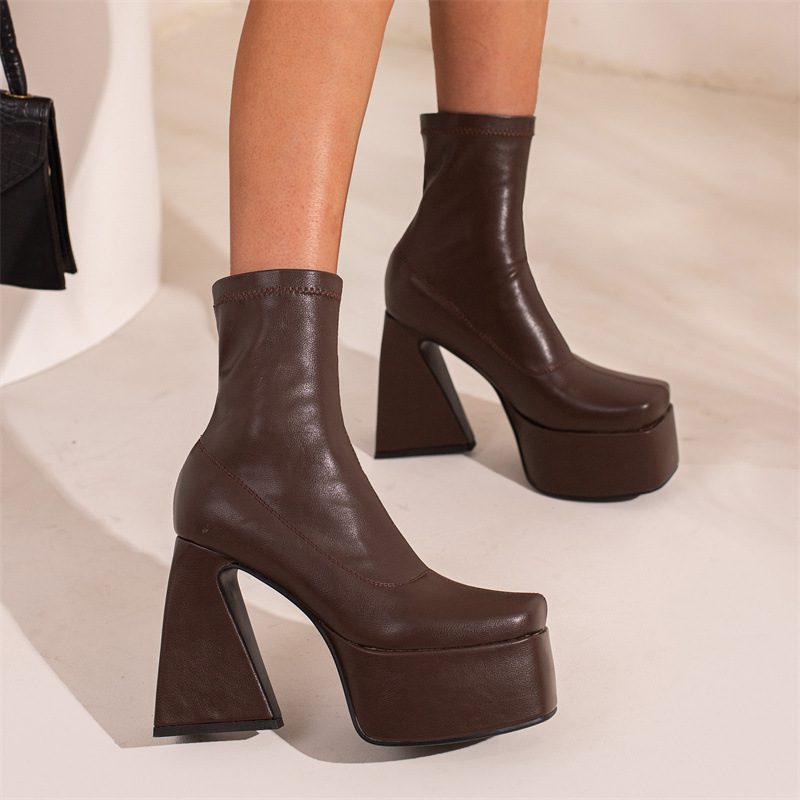 Thick Sole Shaped Heel Sleeve Low Top Square Toe Women's Boots - Image 5
