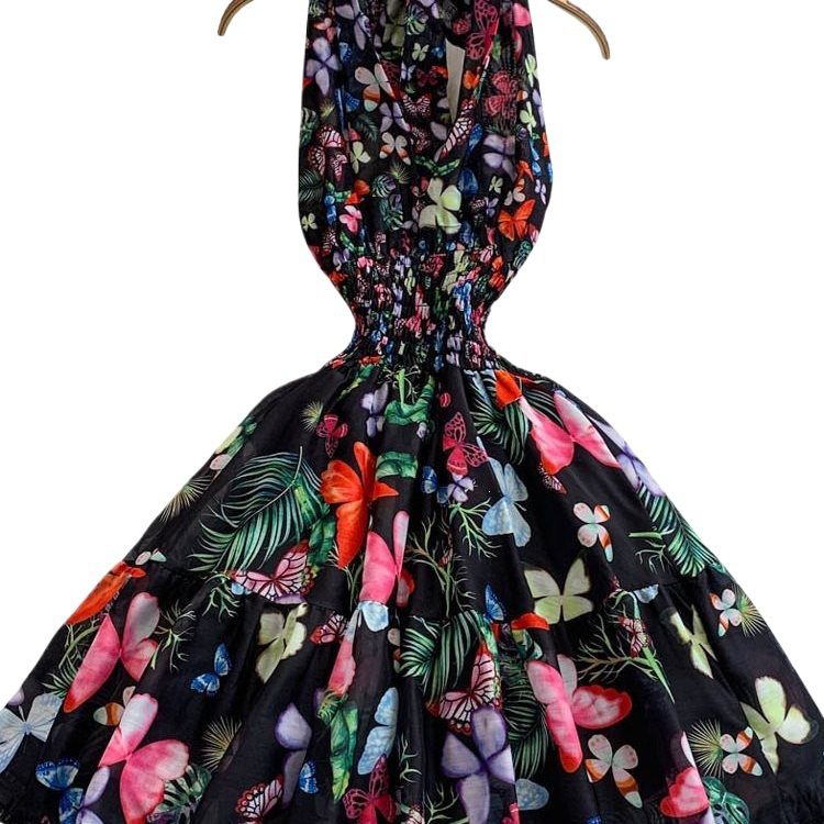 Retro-printed Resort-style Deep-V-neck Halter Dress - Image 6