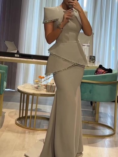 Light Grey Beaded Trim Short Sleeve Top & Mermaid Maxi Skirt Set